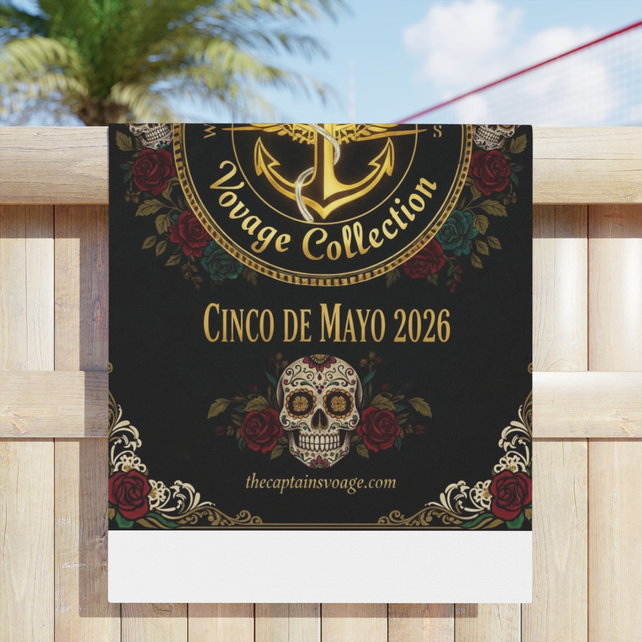 Cinco de Mayo 2026 Captain's Voyage Beach Towel — Nautical Anchor Day of the Dead Design