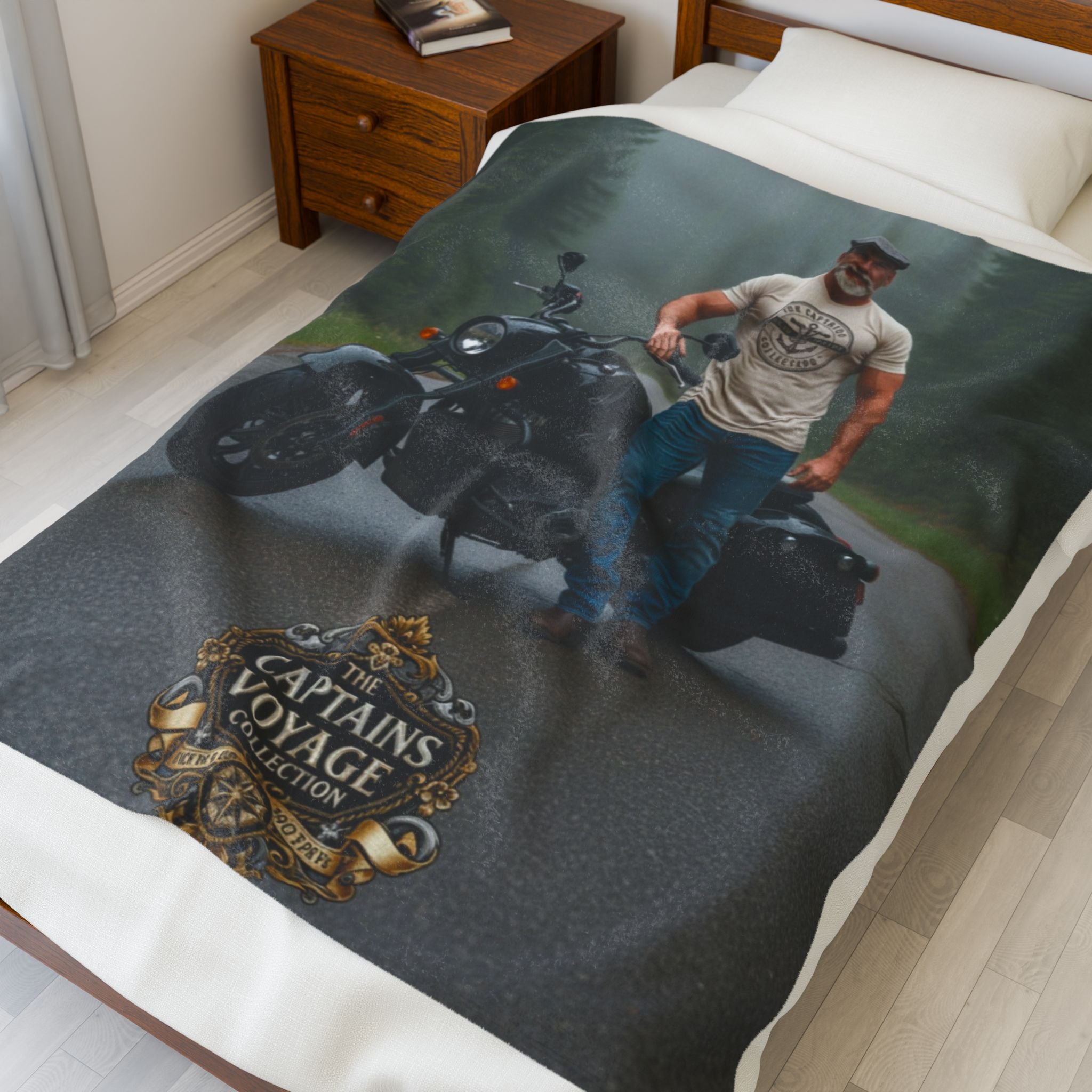 Motorcycle Rider Velveteen Plush Blanket – "The Captain's Voyage" Logo