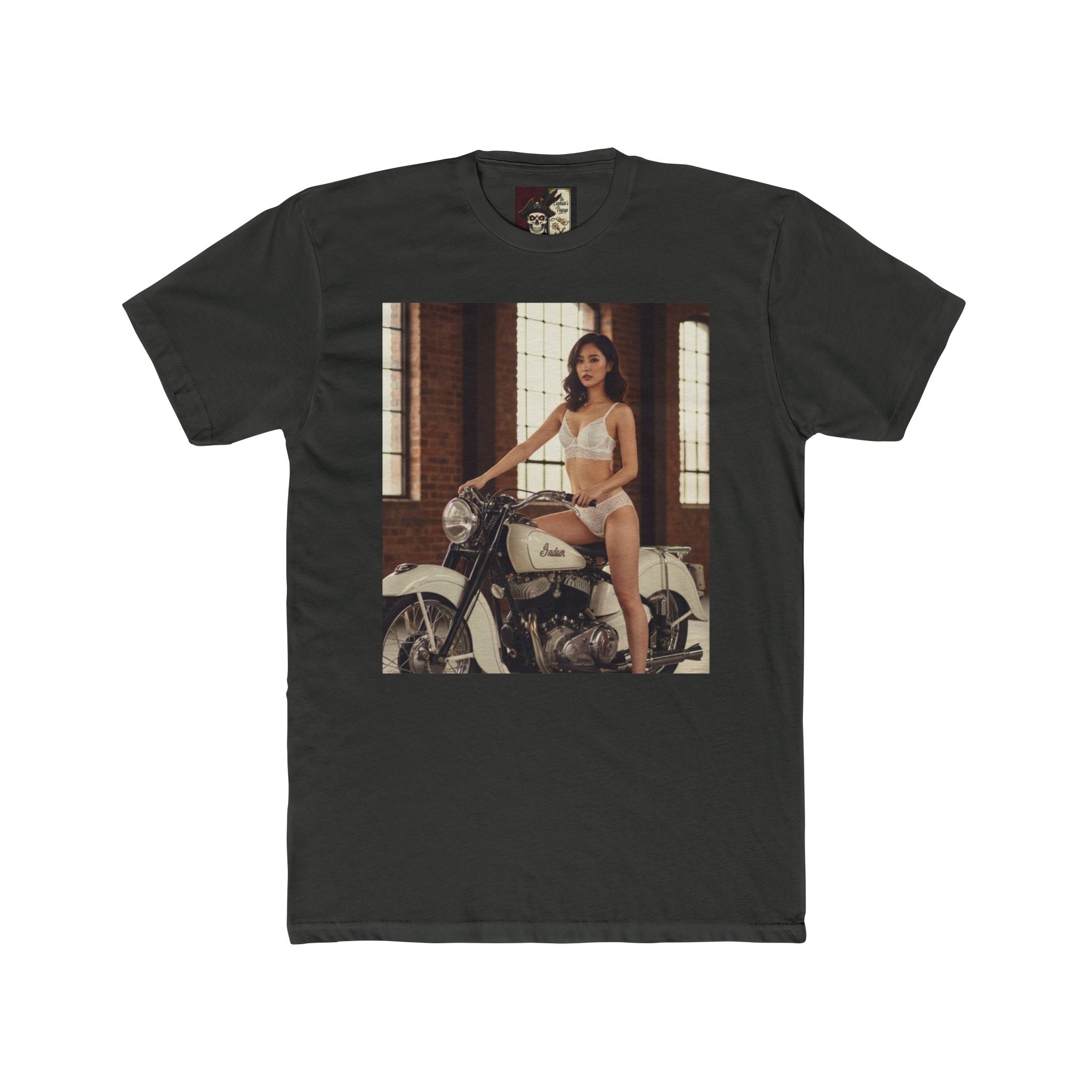 Vintage Motorcycle Pinup Tee — Retro Biker Photo Crewneck