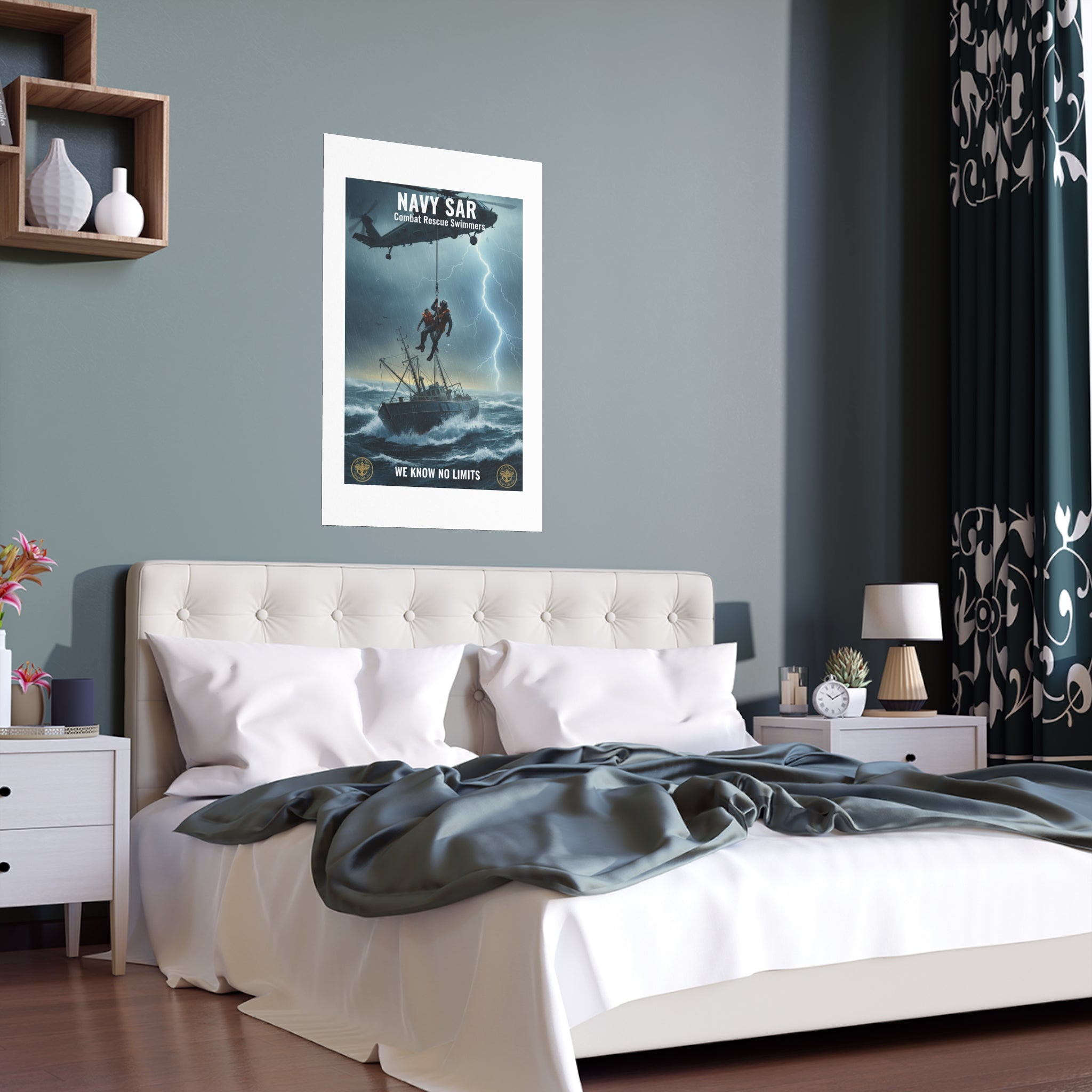 Rescue at Sea Silk Poster — Storm Helicopter Lifesaver Wall Art (Indoor/Outdoor)