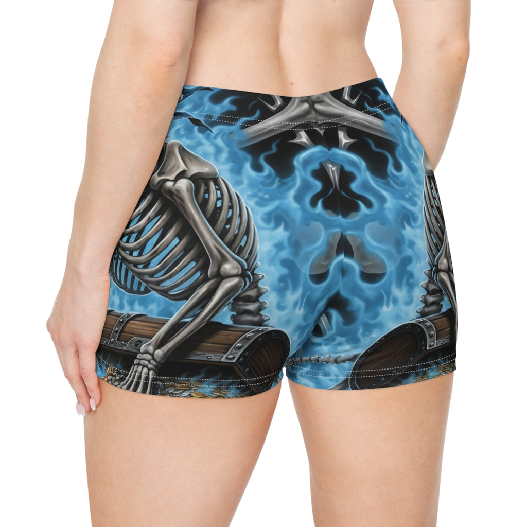 Skeleton Reaper Blue Flame Women's Shorts – Gothic Skull All-Over Print