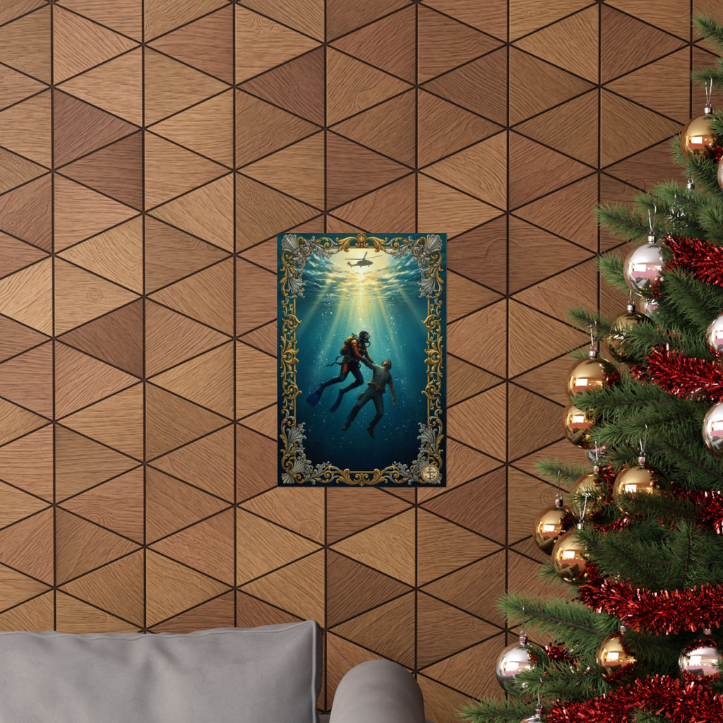 Underwater Rescue Poster — Diver & Child Matte Vertical Art Print