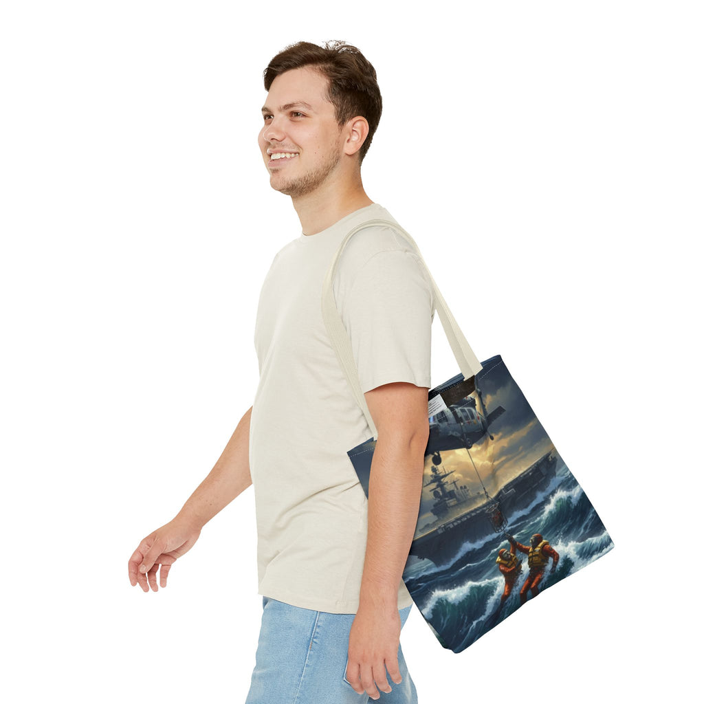 Rescue Squadron Tote Bag – Military Helicopter & Ship Search and Rescue Artwork