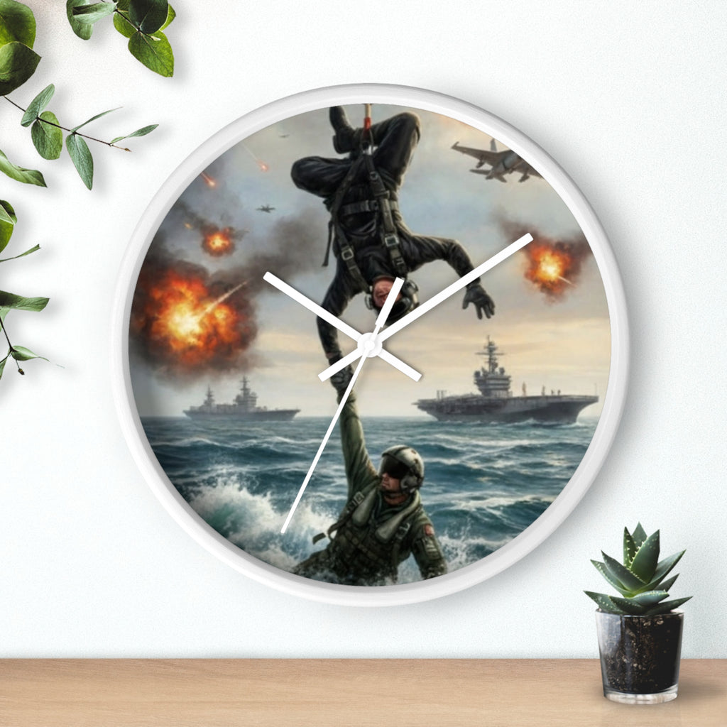 Military Rescue Wall Clock — Navy Helicopter & Sailor Action Scene