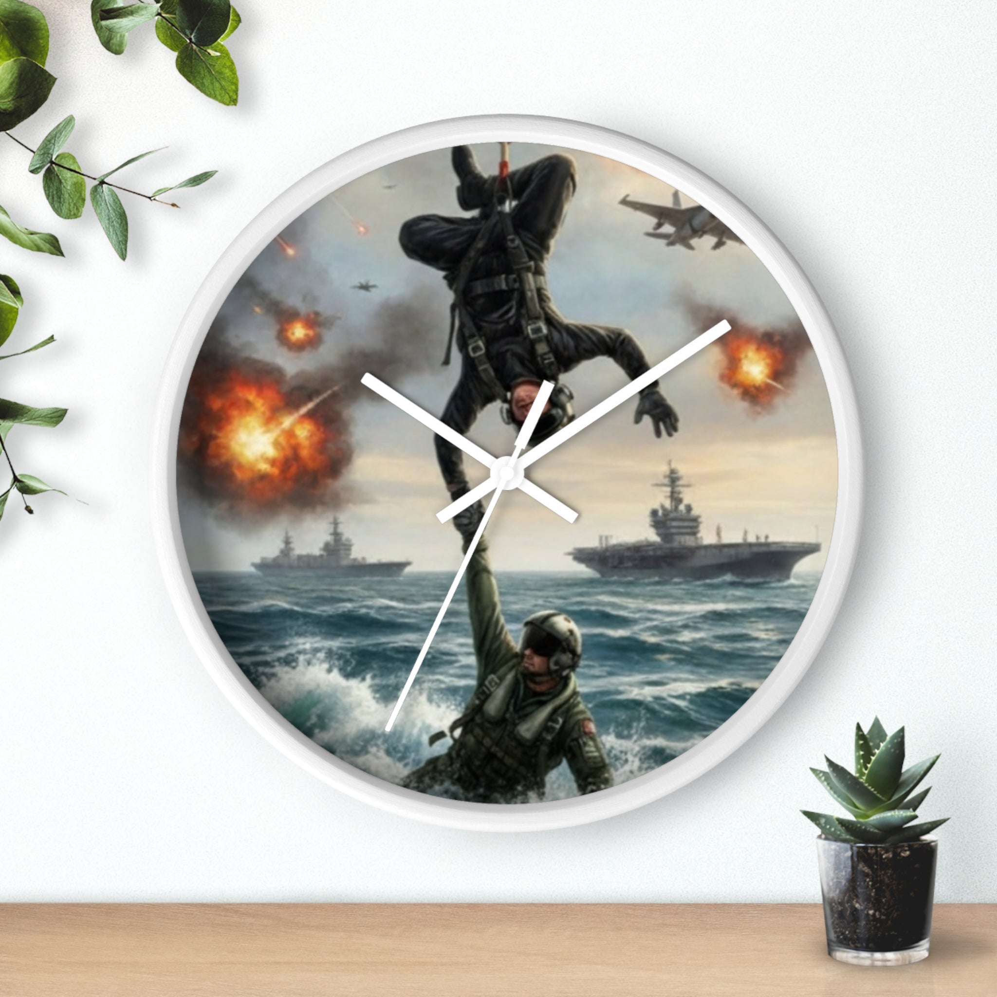 Military Rescue Wall Clock — Navy Helicopter & Sailor Action Scene