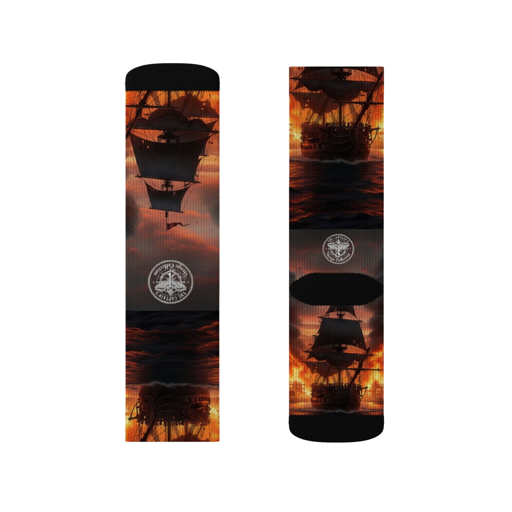 Pirate Ship Sunset Socks — Nautical Sailing Crew Socks with Dramatic Sunset Ship Silhouette