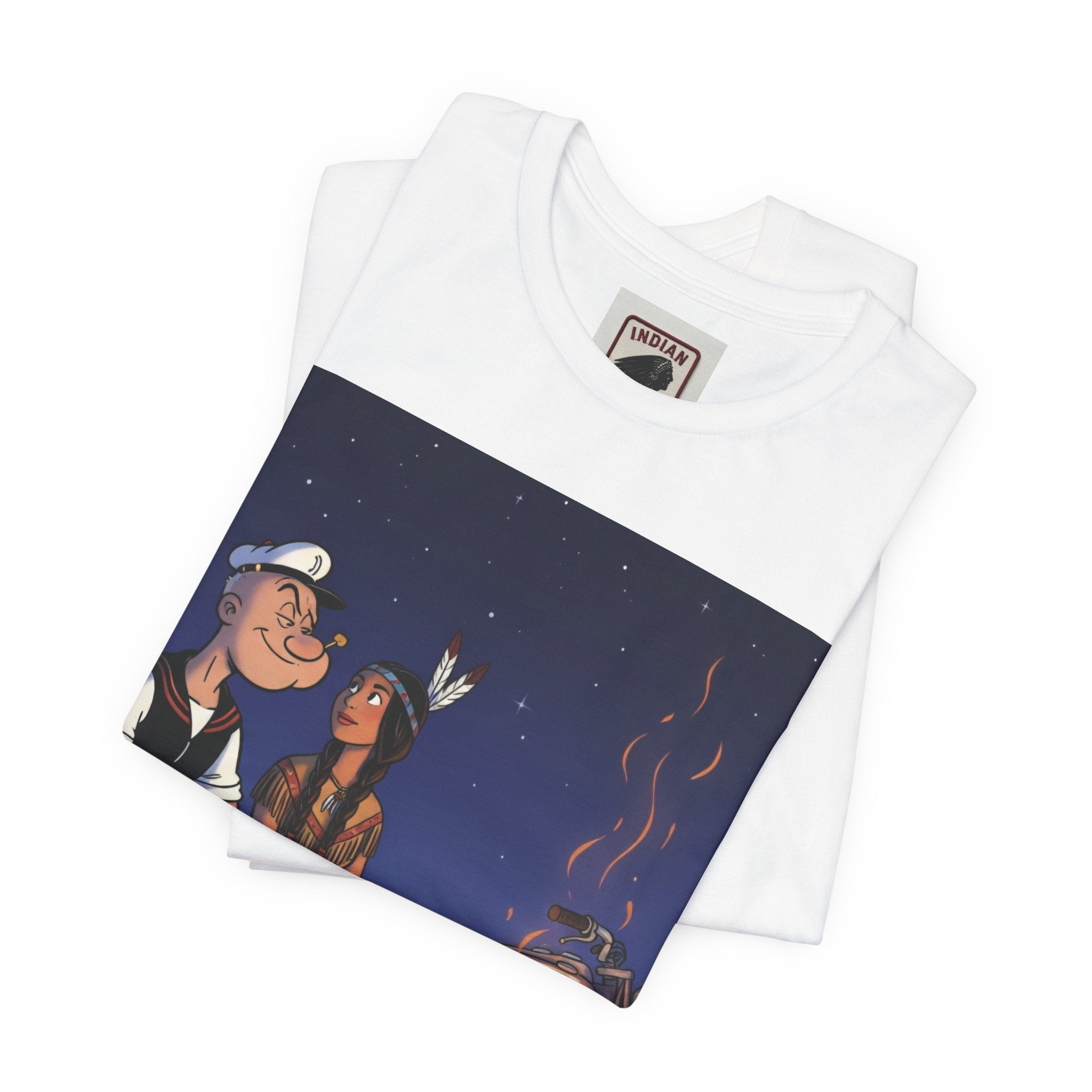 Popeye & Olive Adventure Tee — Vintage Motorcycle Campfire Graphic T-Shirt