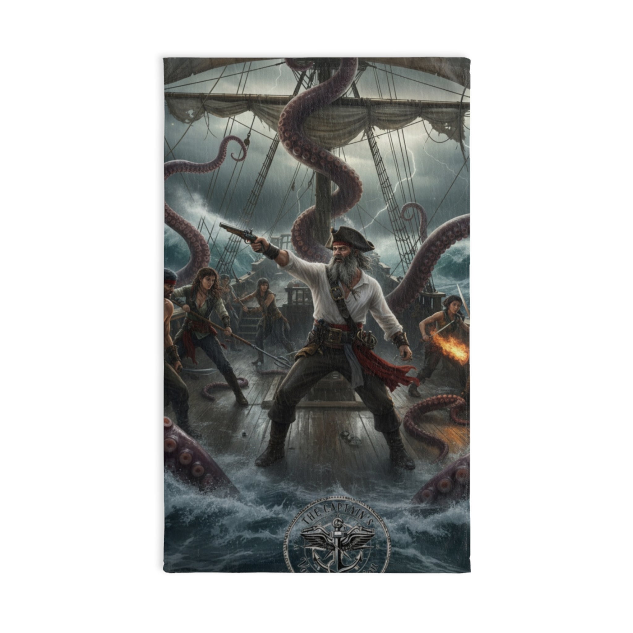 Pirate Kraken Battle Hand Towel — Nautical Pirate Ship Coastal Decor