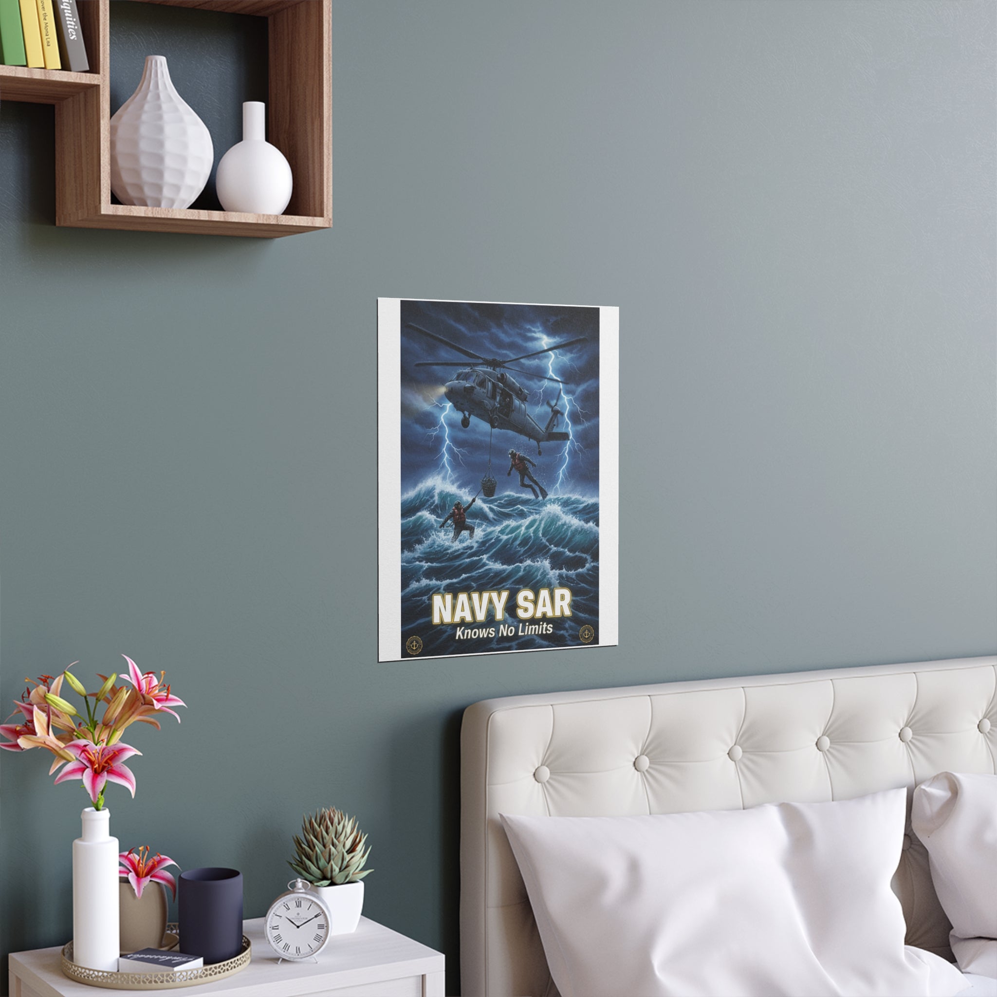 Navy SAR Silk Poster — "Knows No Limits" Rescue Helicopter Art (Indoor/Outdoor)
