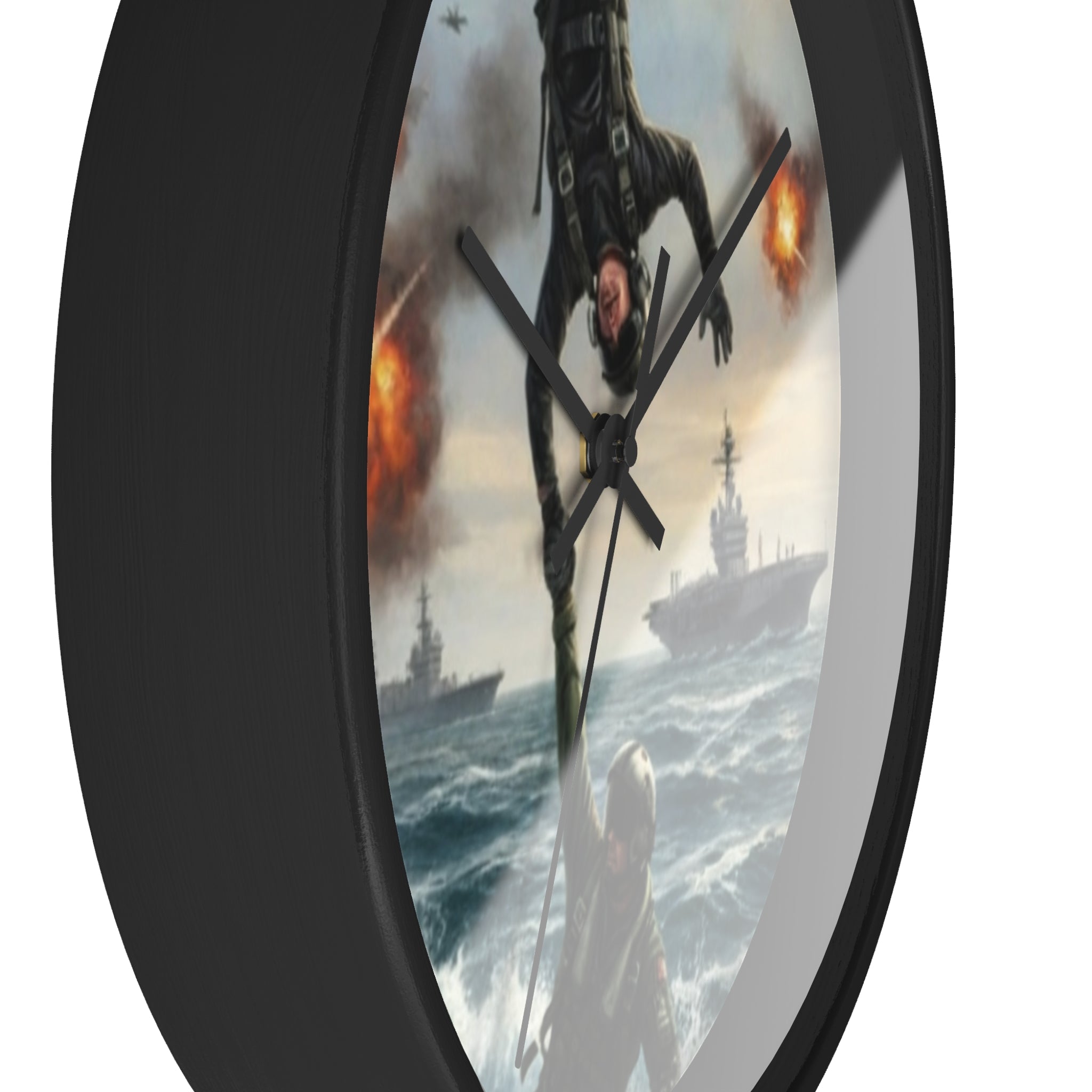 Military Rescue Wall Clock — Navy Helicopter & Sailor Action Scene