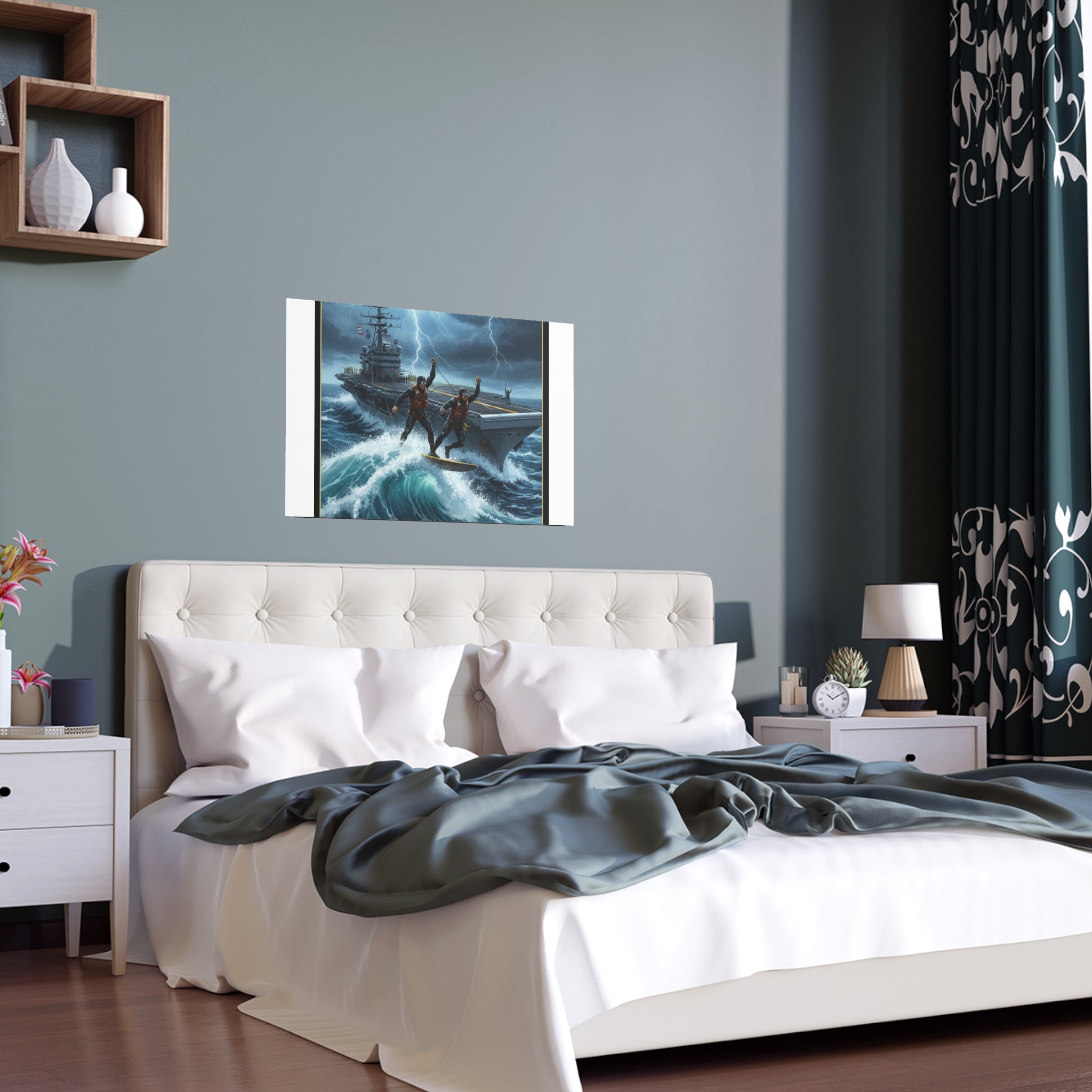 Navy Storm Surfing Silk Poster — Military Aircraft Carrier Art Print (Indoor/Outdoor)