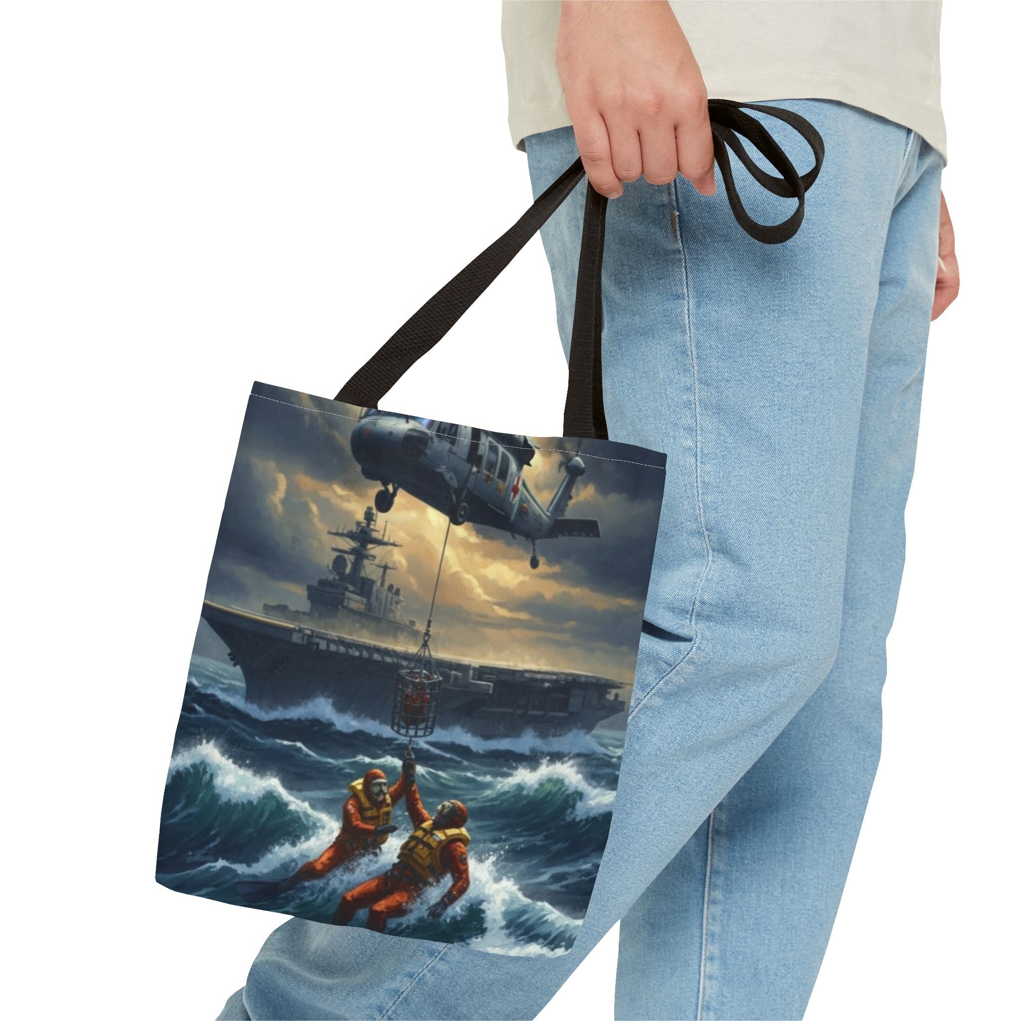 Rescue Squadron Tote Bag – Military Helicopter & Ship Search and Rescue Artwork