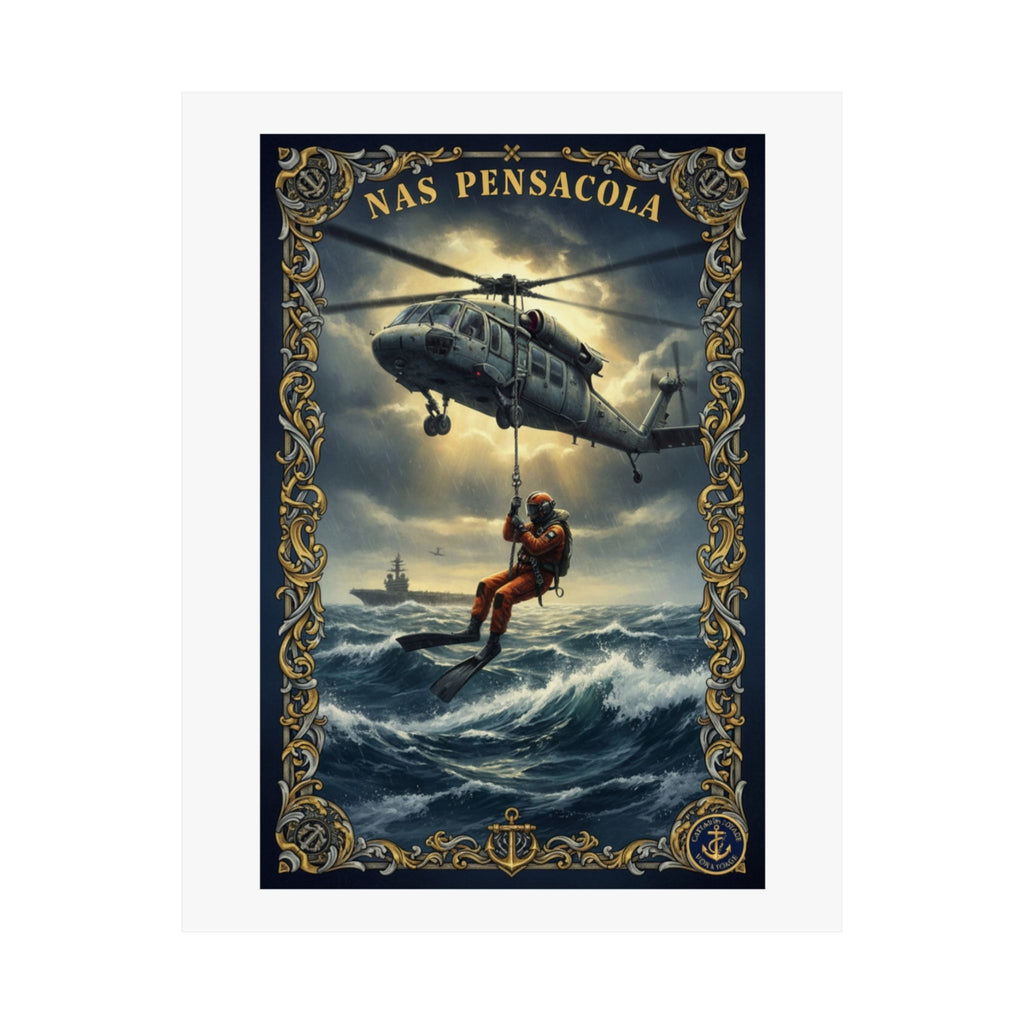 NAS Pensacola Rescue Helicopter Matte Poster — Search & Rescue Nautical Wall Art