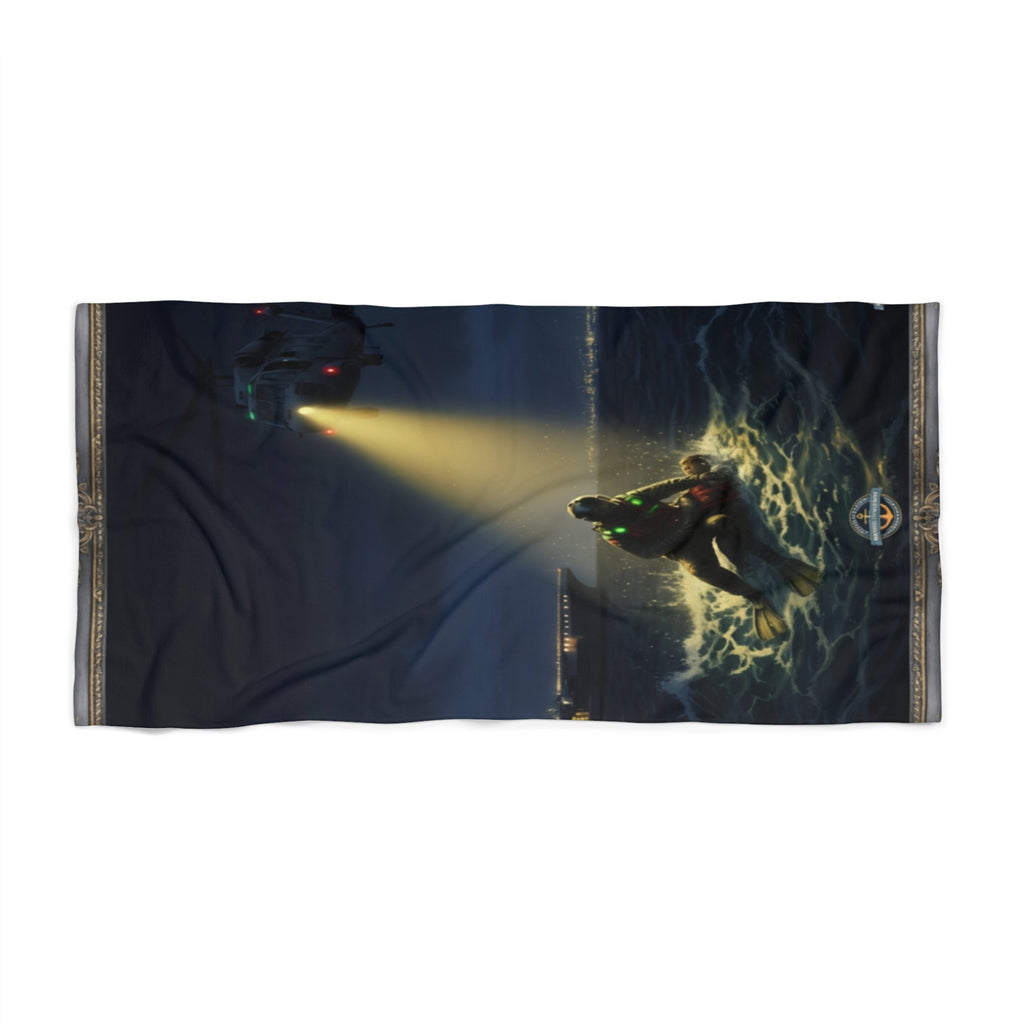 Rescue Diver Beach Towel — Night Sea Search & Lifeguard Spotlight Design