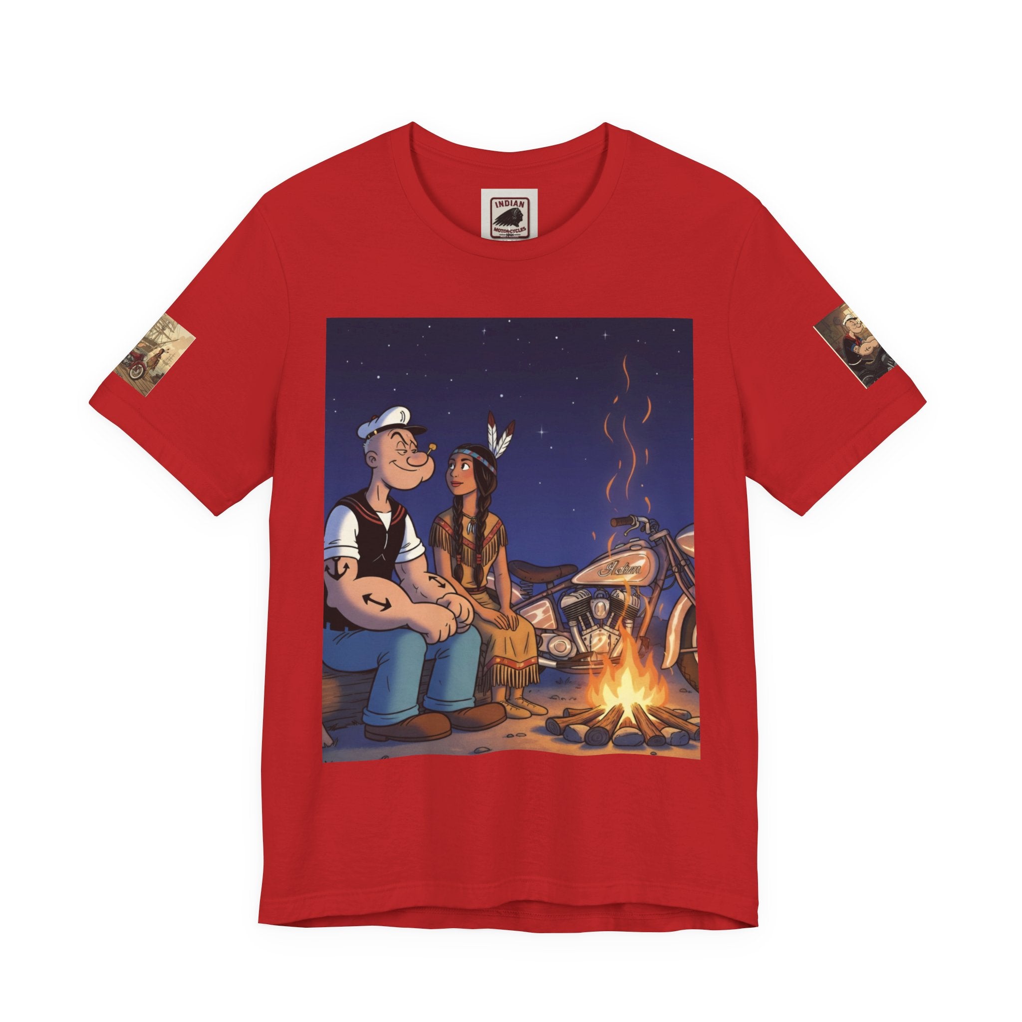 Popeye & Olive Adventure Tee — Vintage Motorcycle Campfire Graphic T-Shirt