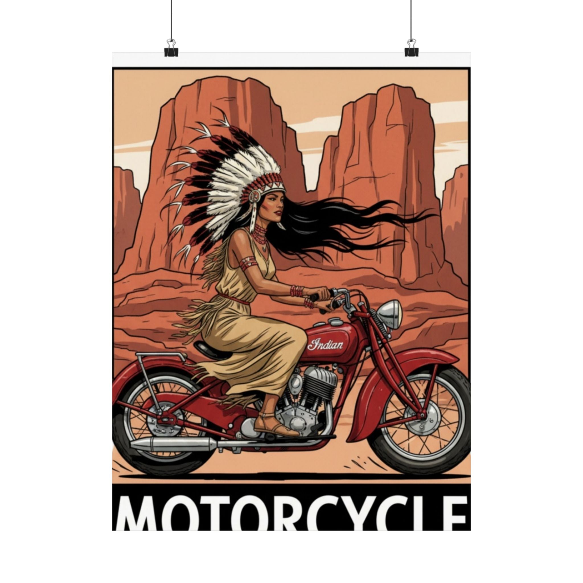 Motorcycle Vintage Poster — Native Woman on Red Indian Bike Matte Vertical Art Print