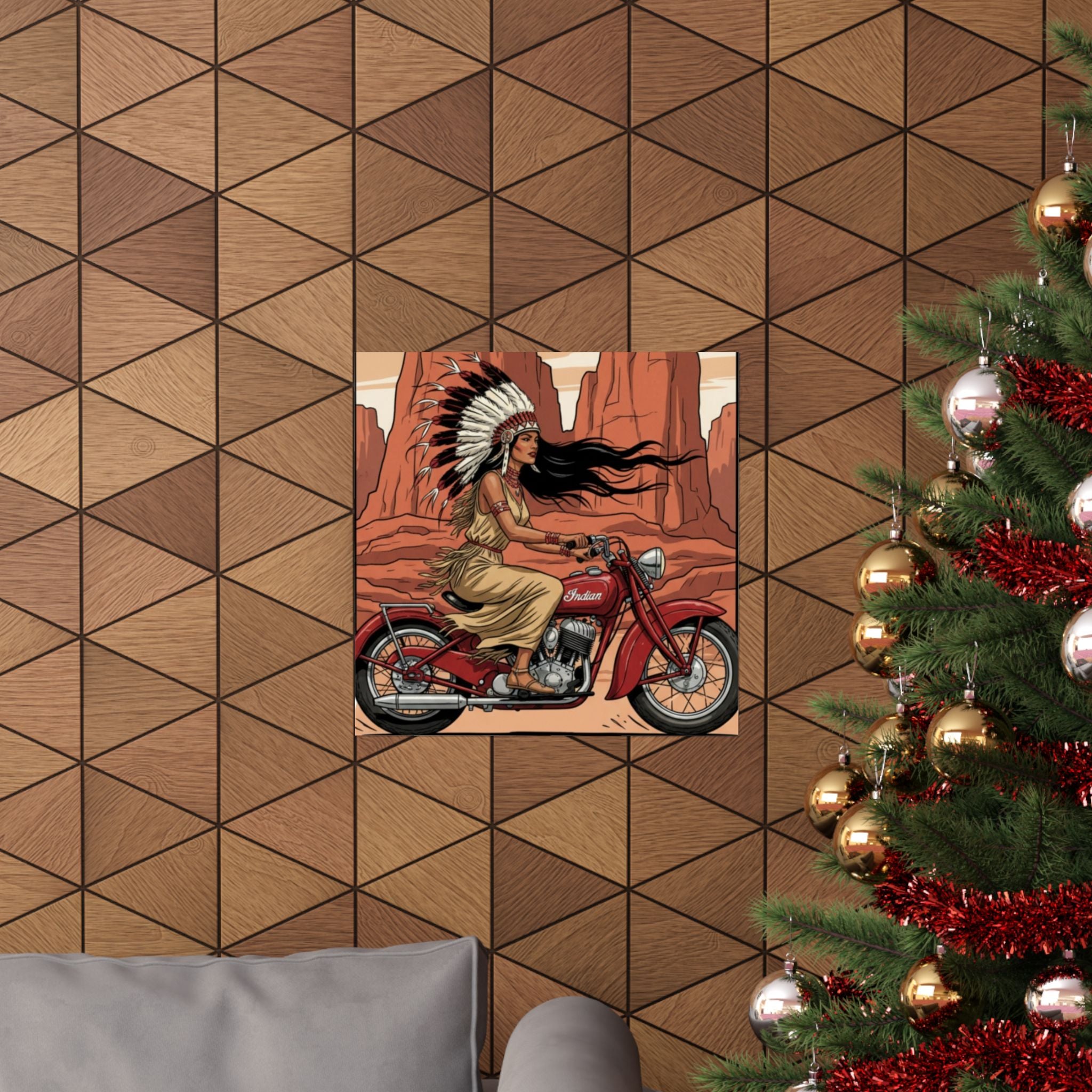 Motorcycle Vintage Poster — Native Woman on Red Indian Bike Matte Vertical Art Print