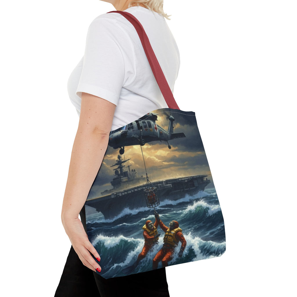 Rescue Squadron Tote Bag – Military Helicopter & Ship Search and Rescue Artwork
