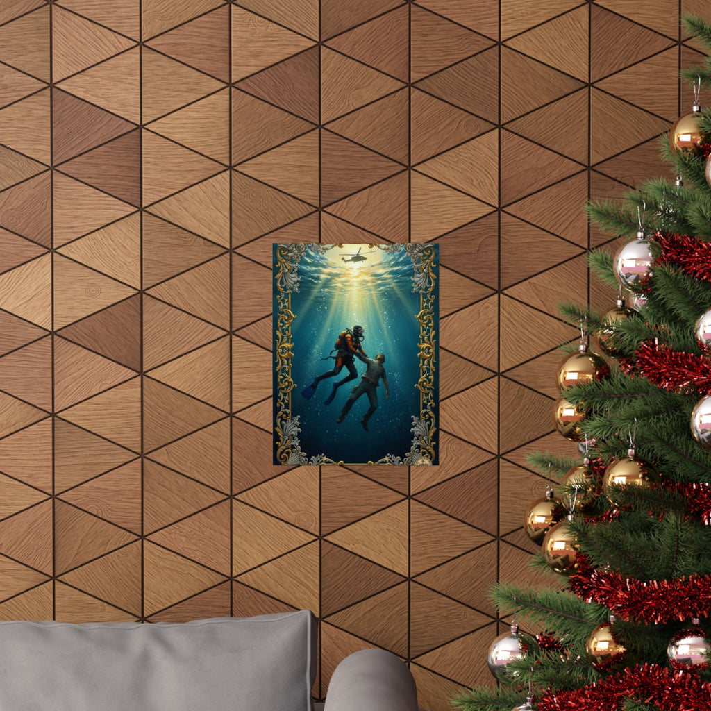 Underwater Rescue Poster — Diver & Child Matte Vertical Art Print