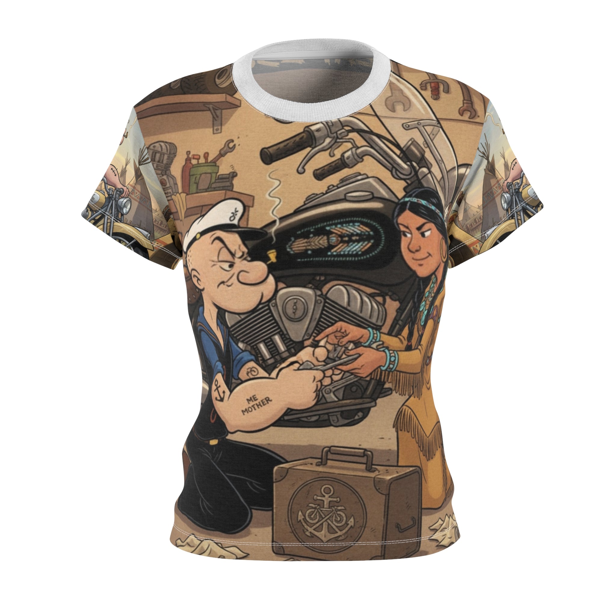 Vintage Motorcycle Workshop Tee — Retro Popeye & Olive Oyl Garage Art