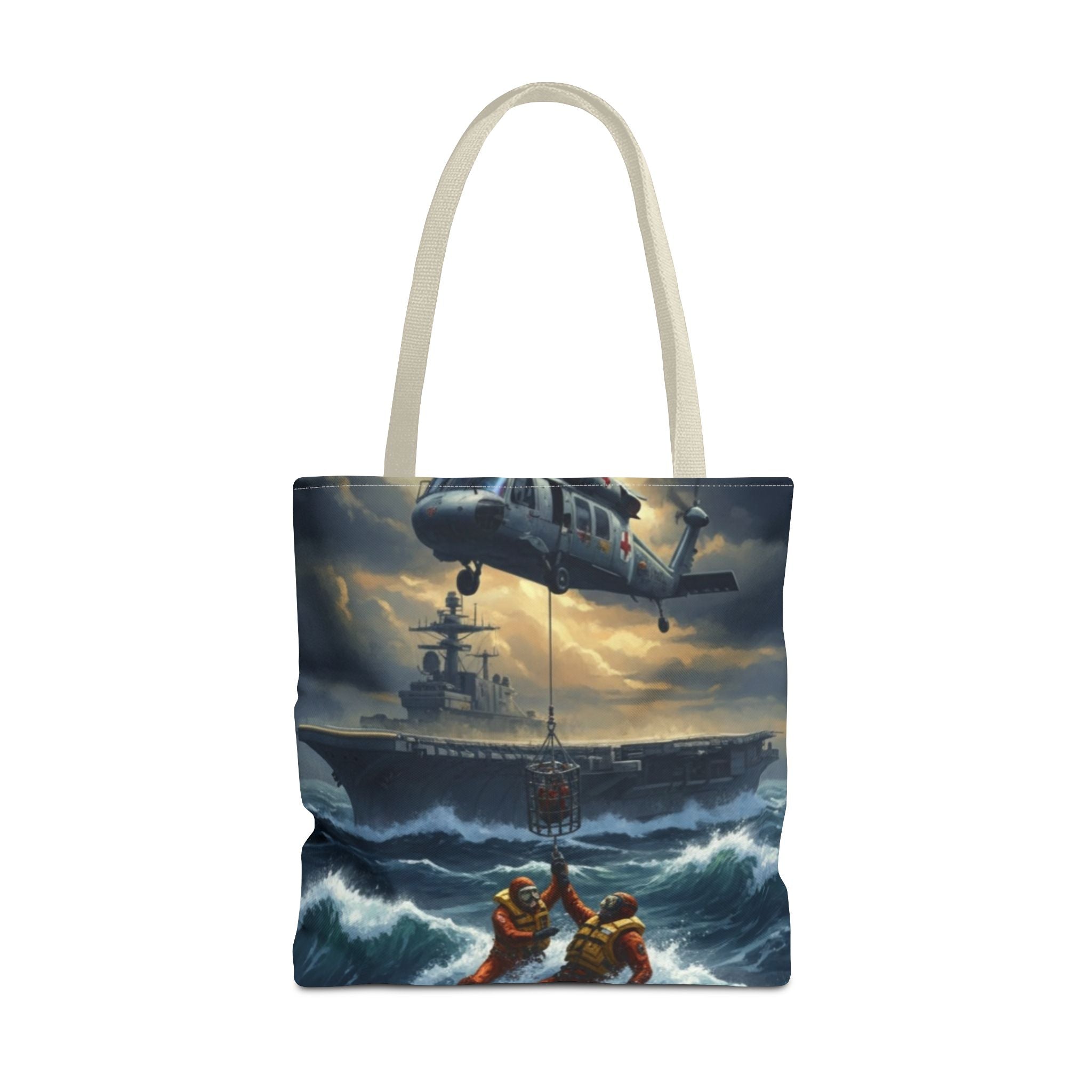 Rescue Squadron Tote Bag – Military Helicopter & Ship Search and Rescue Artwork