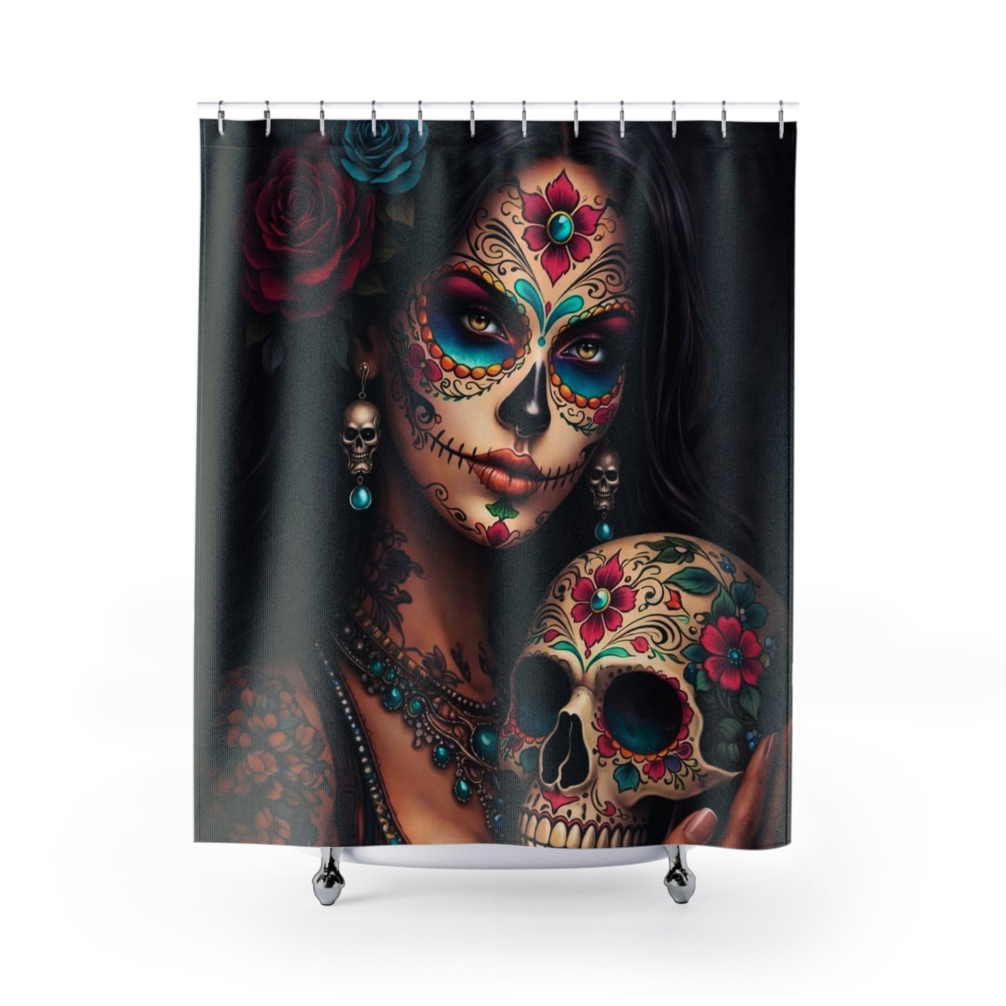 Day of the Dead Sugar Skull Shower Curtain – Floral Catrina Bathroom Decor