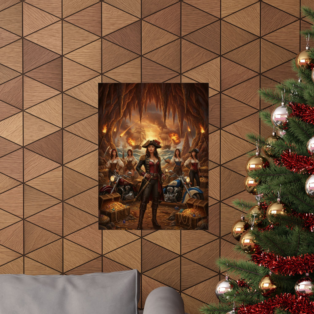 Pirate Queen Matte Poster — Fantasy Biker Treasure Cave Wall Art