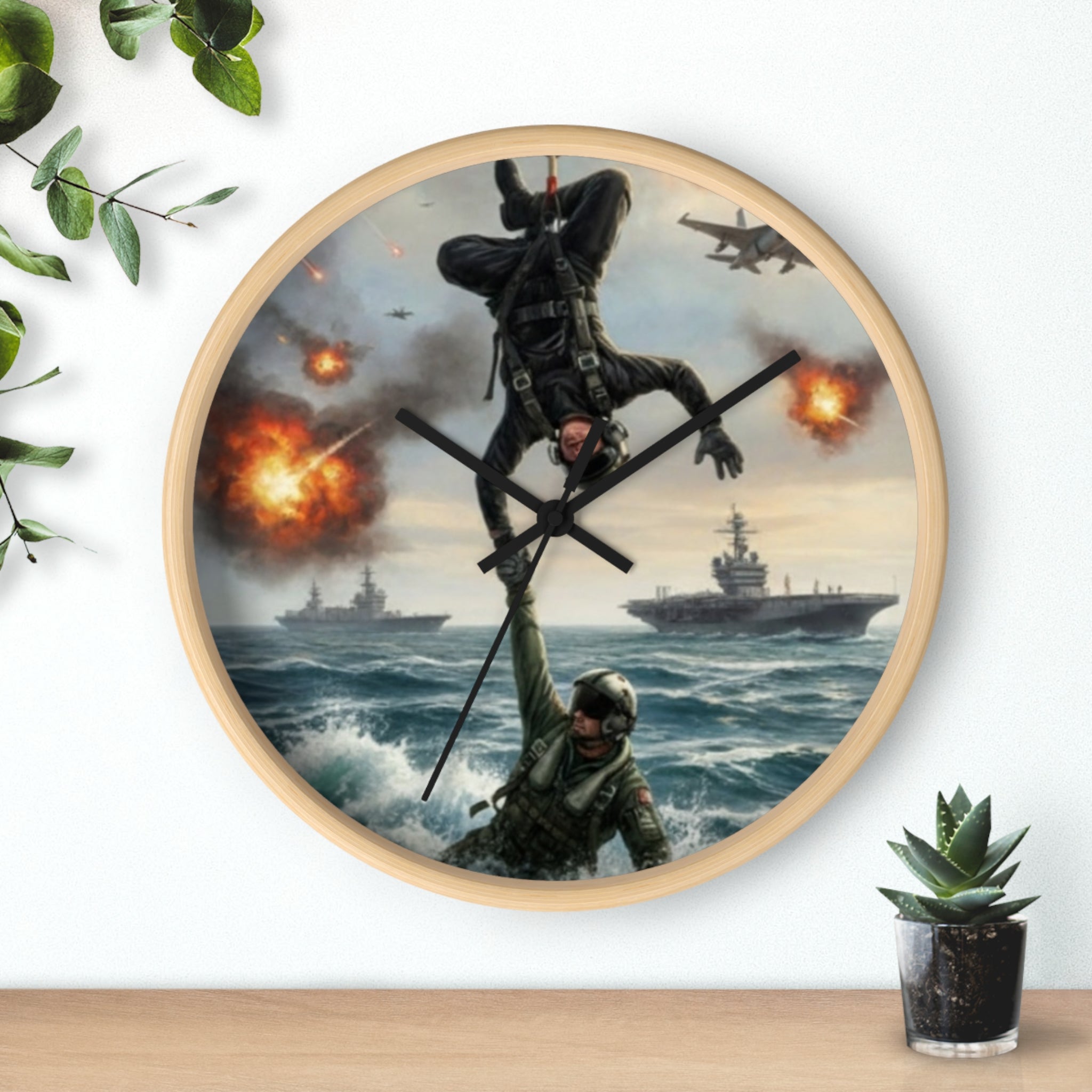 Military Rescue Wall Clock — Navy Helicopter & Sailor Action Scene