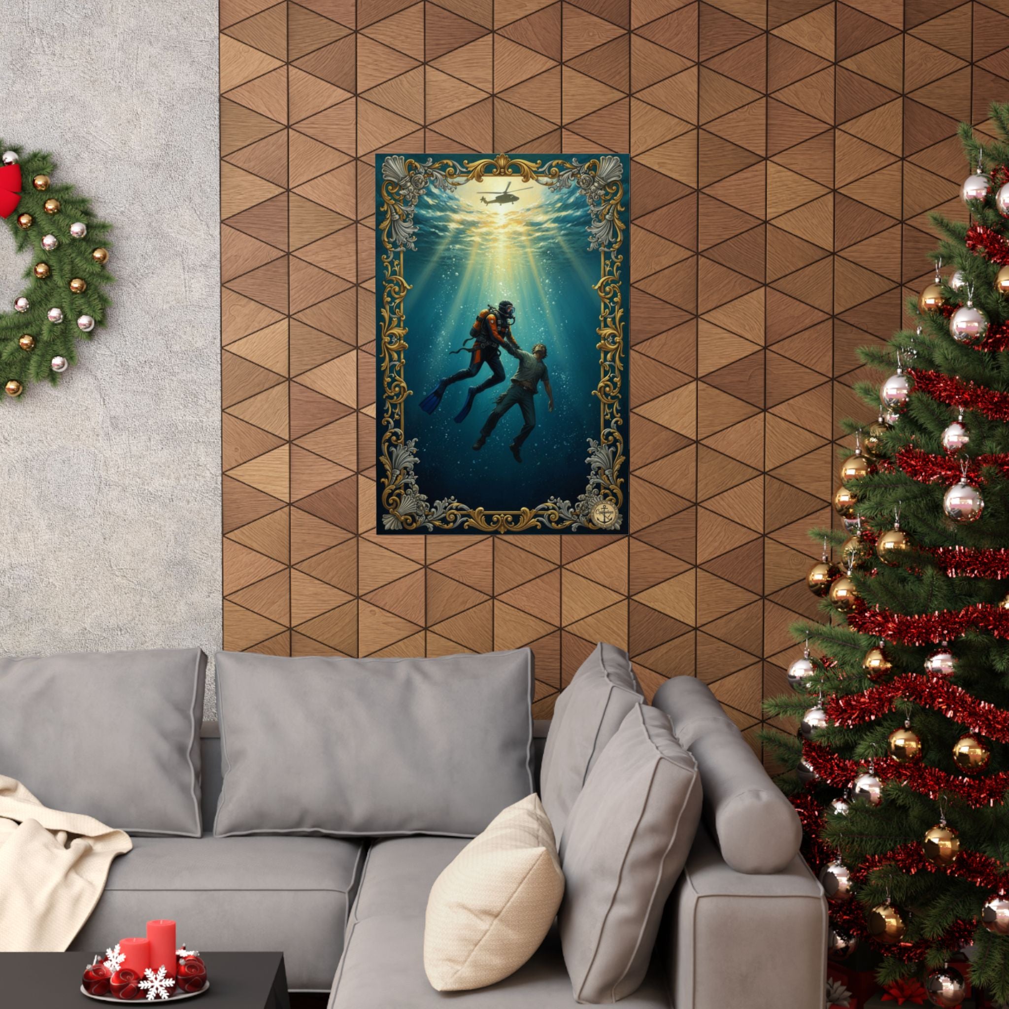 Underwater Rescue Poster — Diver & Child Matte Vertical Art Print