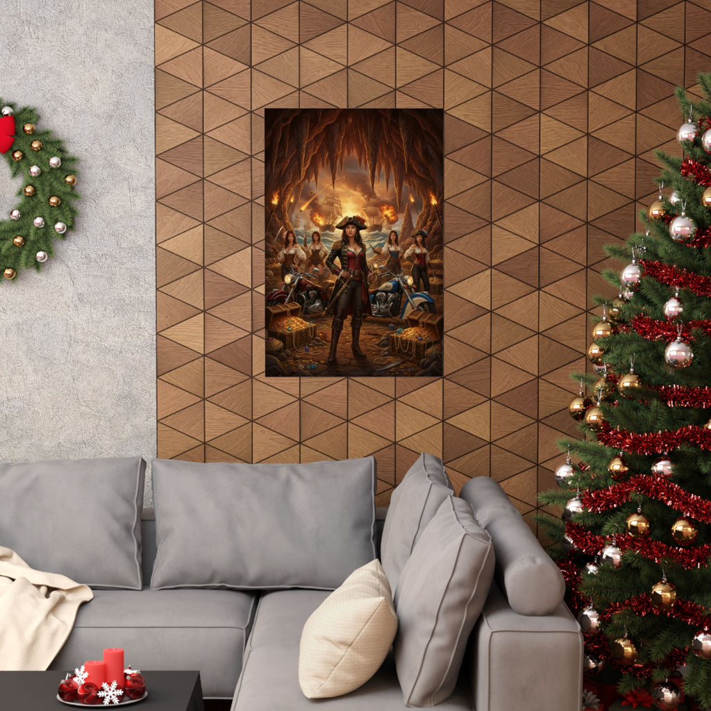 Pirate Queen Matte Poster — Fantasy Biker Treasure Cave Wall Art