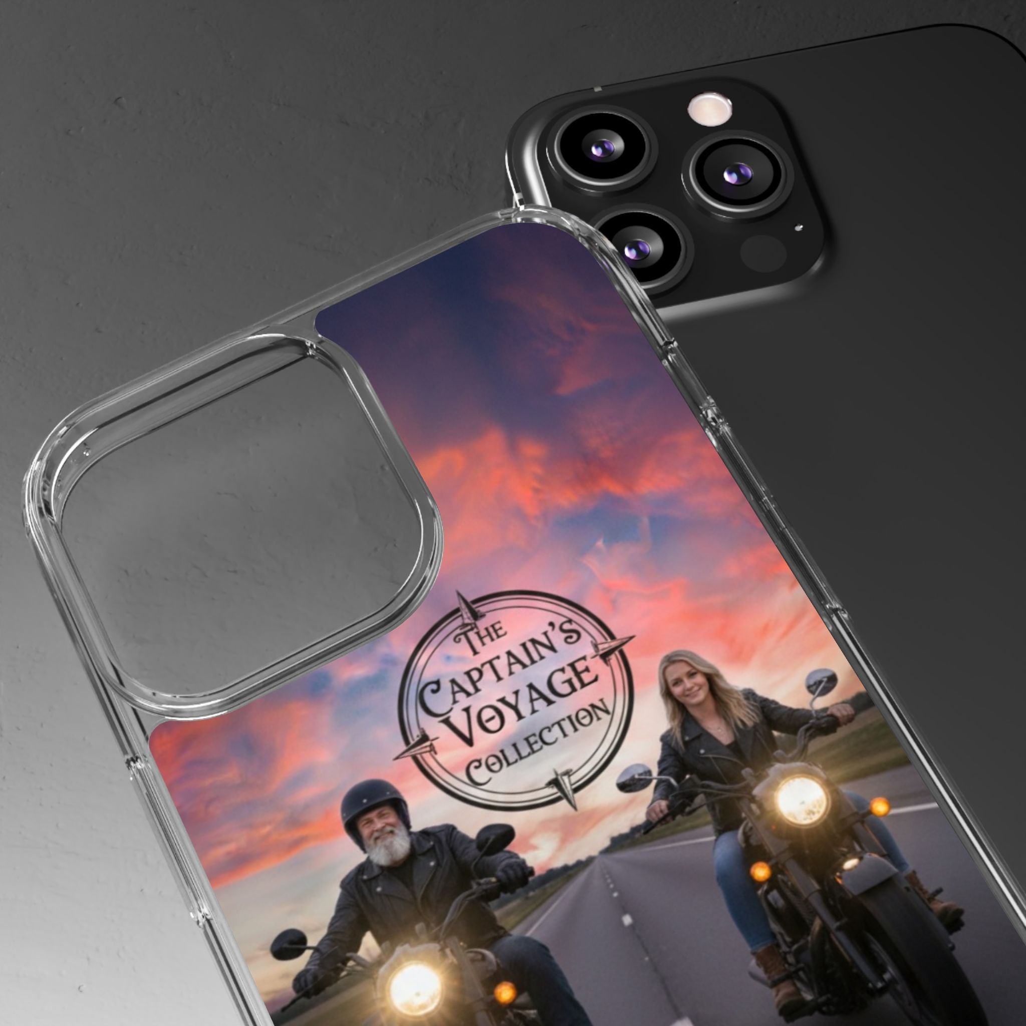 Clear Phone Case — 'The Captain's Voyage Collection' Motorcycle Sunset Design