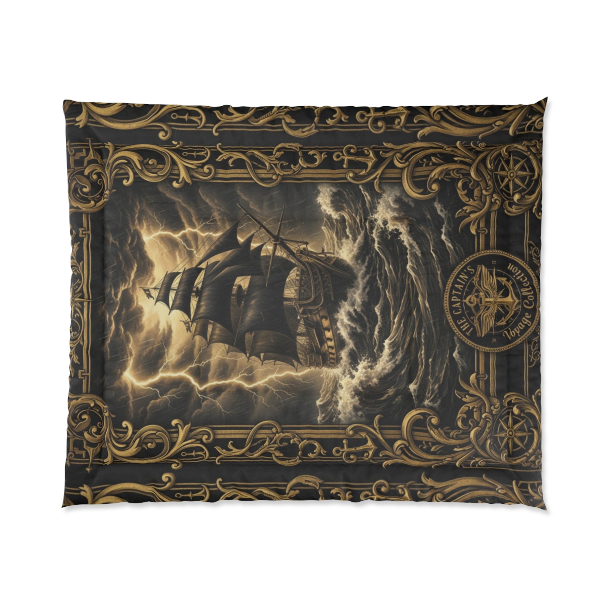 Nautical Storm Ship Comforter – Vintage Pirate Ship Bedding with Ornate Compass Frame