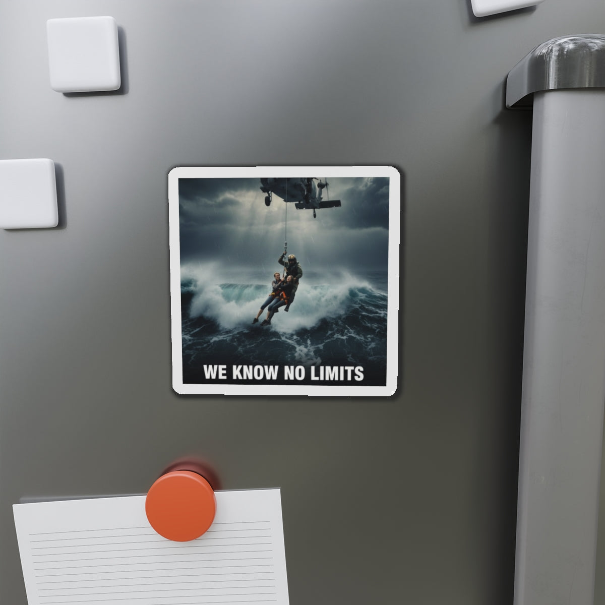 Rescue Helicopter Die-Cut Magnet — 'We Know No Limits' Ocean Rescue Design