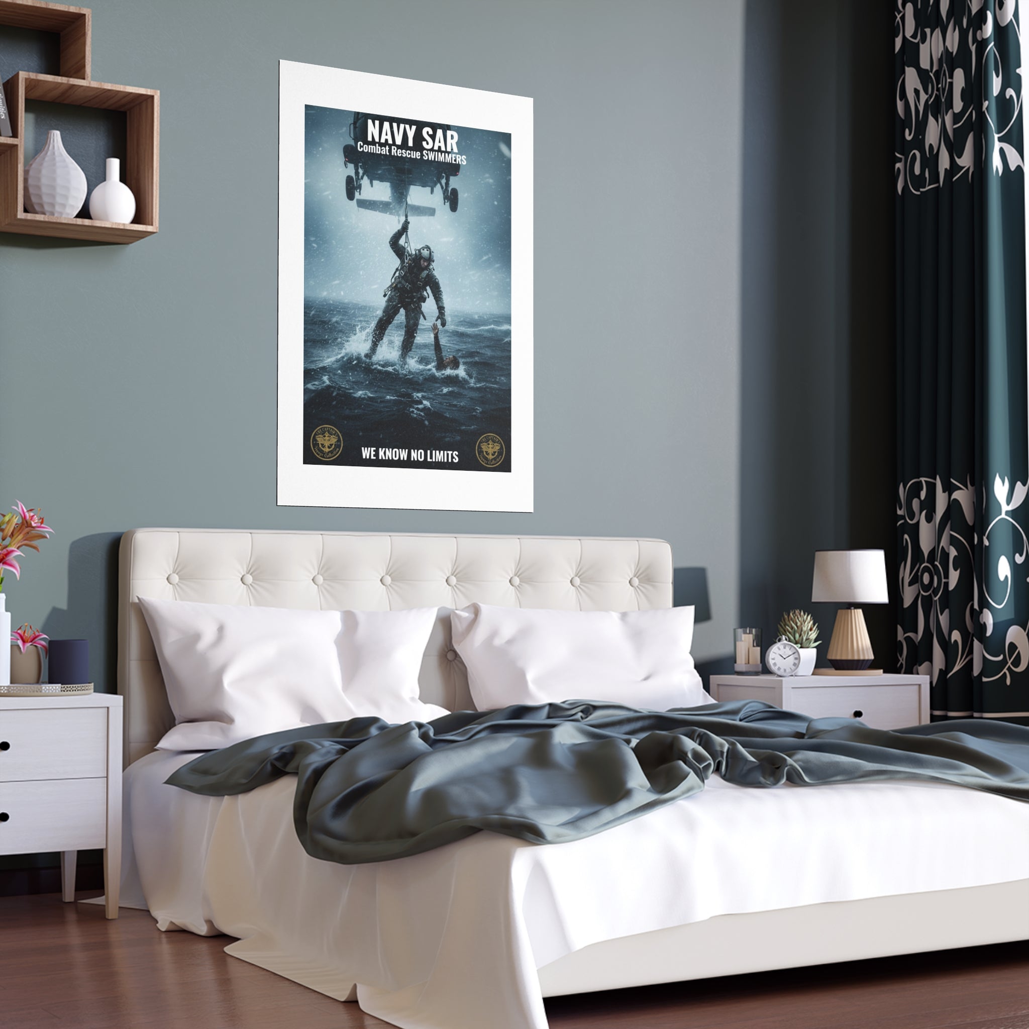 Rescue Diver Silk Poster – Dramatic Sea & Helicopter Wall Art (Indoor/Outdoor)
