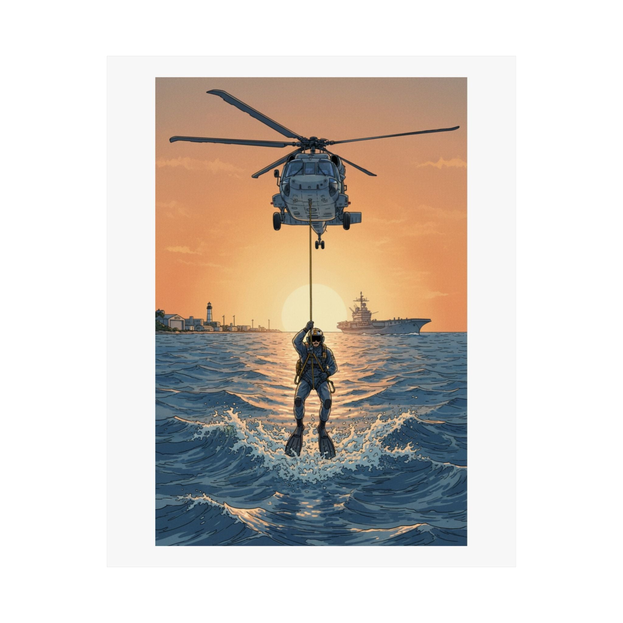 Matte Poster — Navy Rescue Helicopter at Sunset (Vertical)