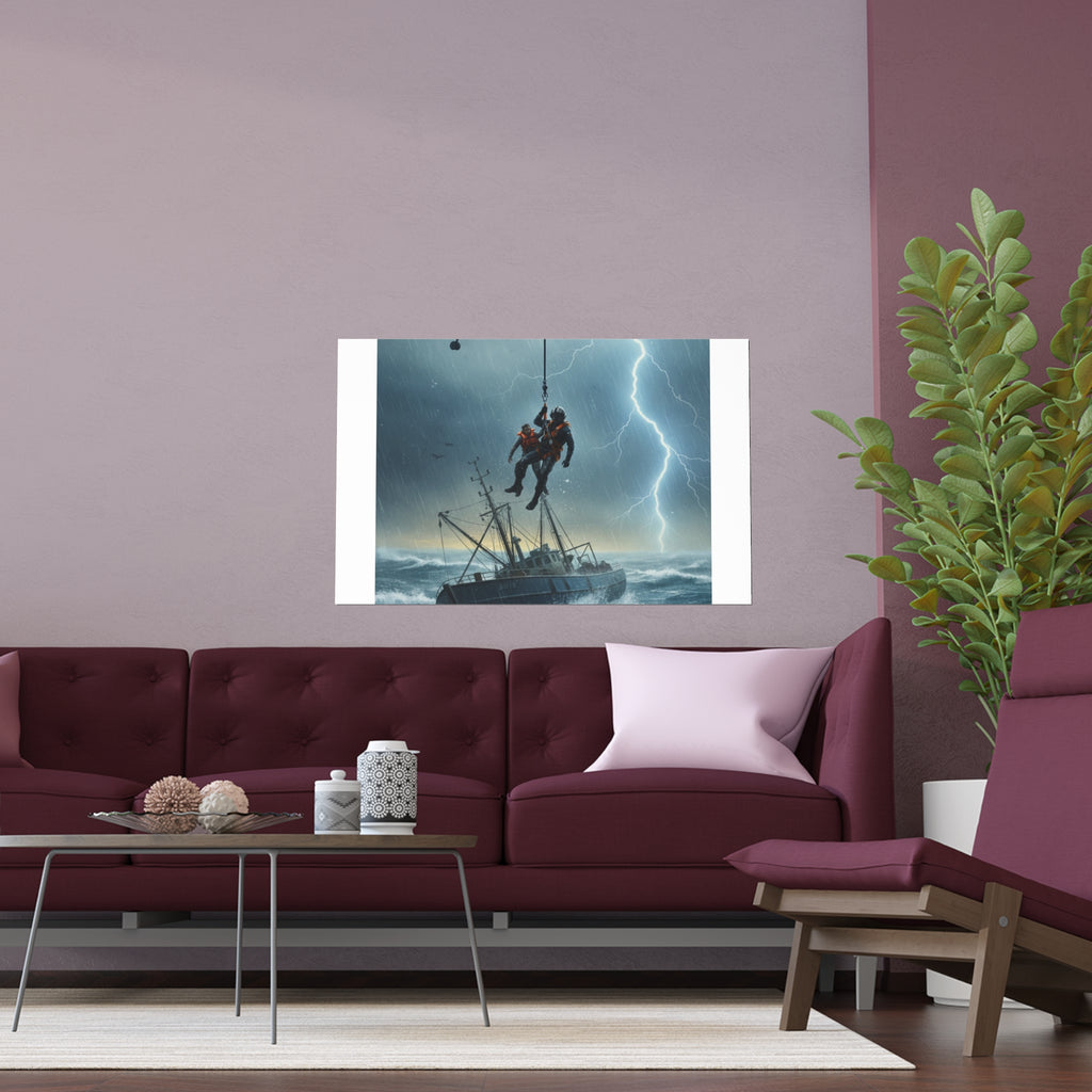 Rescue at Sea Silk Poster — Storm Helicopter Lifesaver Wall Art (Indoor/Outdoor)
