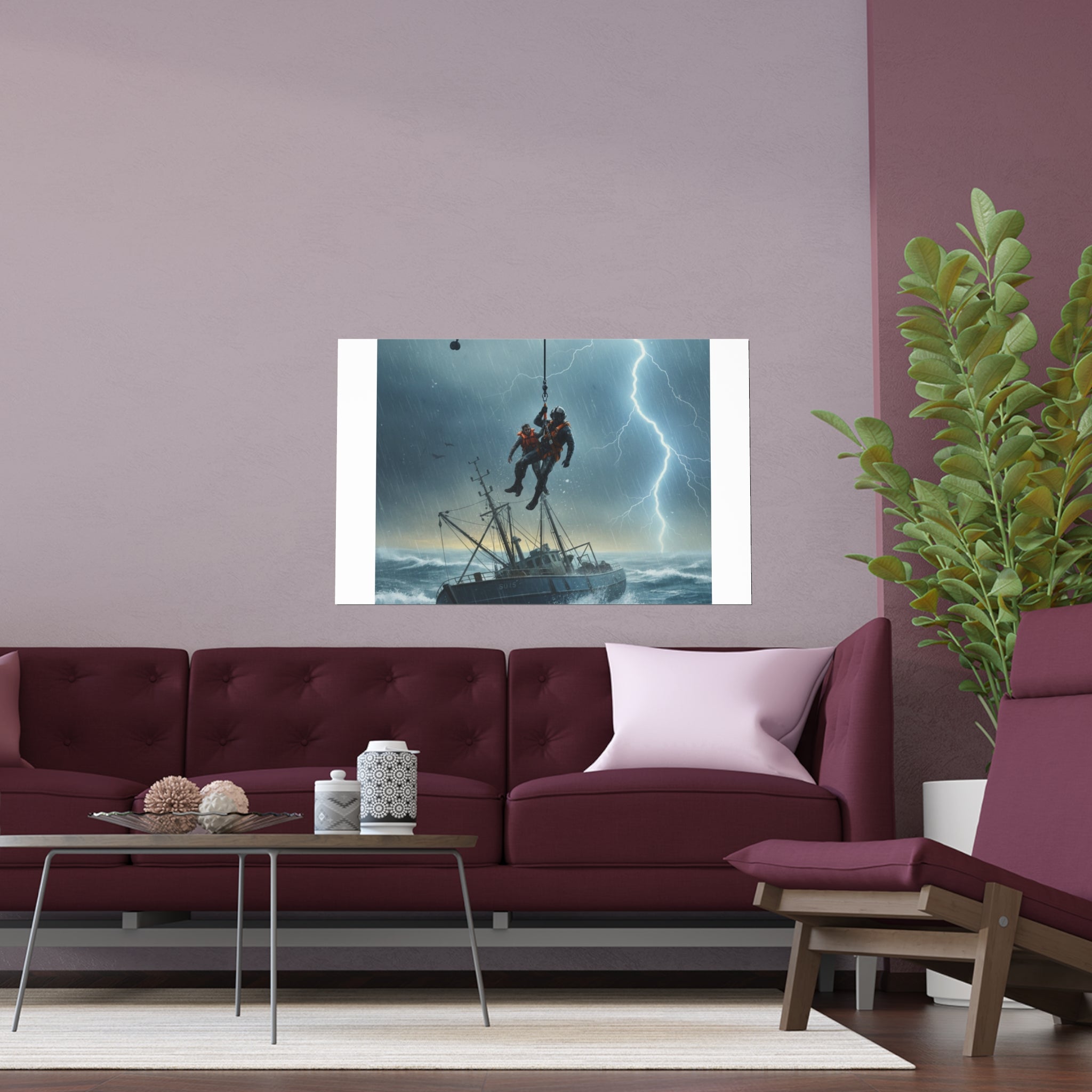 Rescue at Sea Silk Poster — Storm Helicopter Lifesaver Wall Art (Indoor/Outdoor)