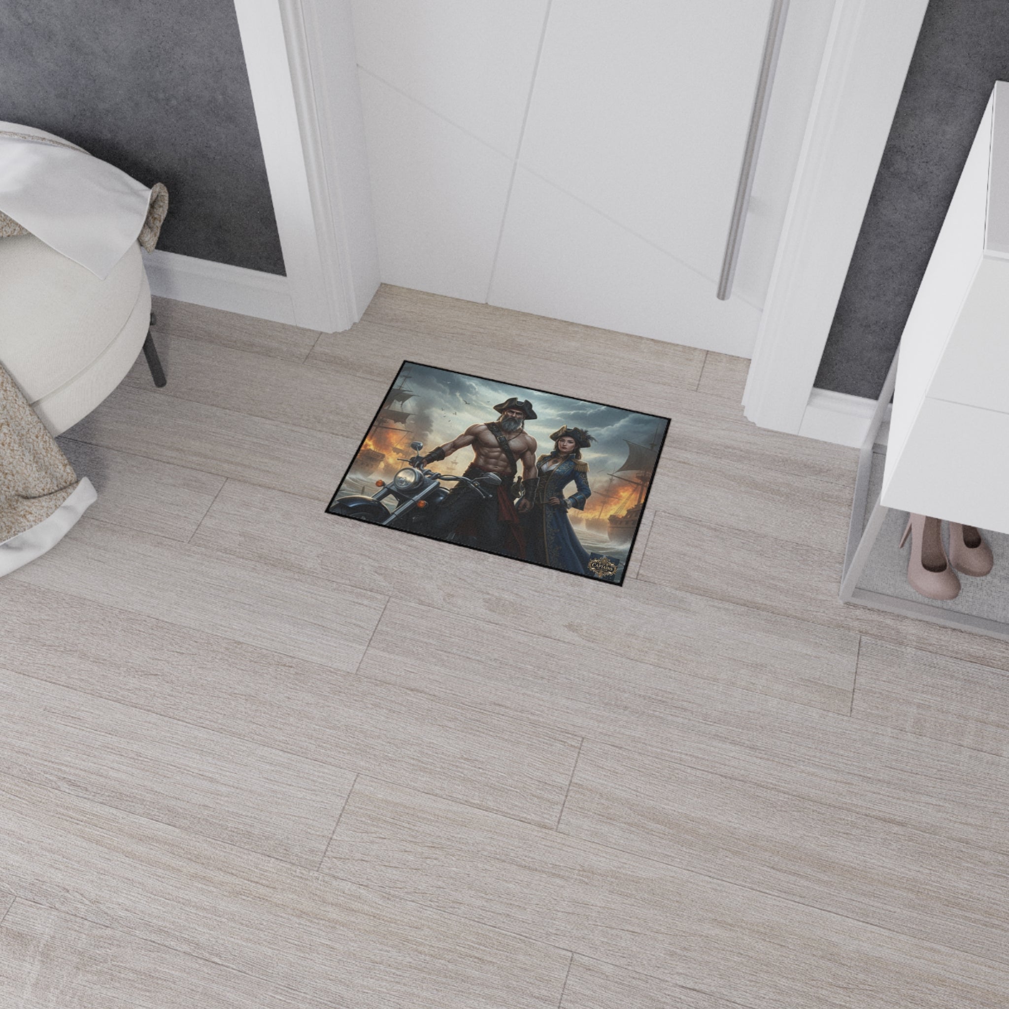 Pirate Captain & Corsair Heavy-Duty Floor Mat — Nautical Motorcycle Art Rug