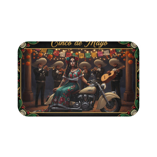 Cinco de Mayo Day of the Dead Motorcycle Bath Mat – Mexican Mariachi Skull Design