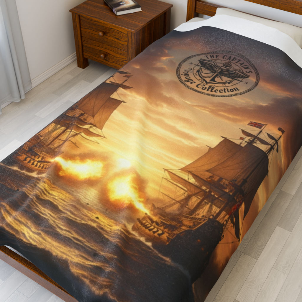 Nautical Battleship Velveteen Plush Blanket – Vintage Pirate Ship Sunset Throw