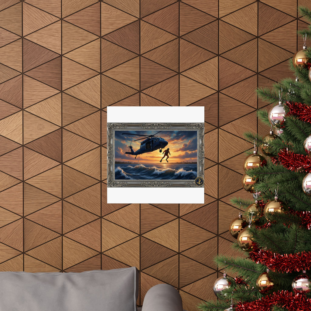 Rescue Helicopter Sunset Poster — Matte Vertical Aviation Wall Art