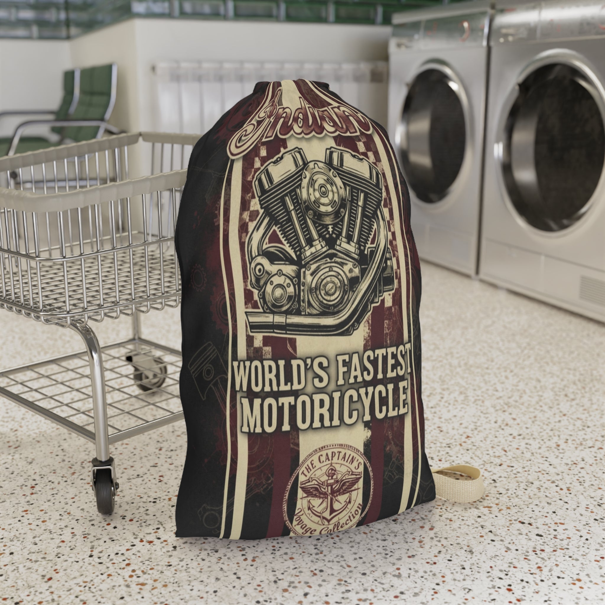 Motorcycle Laundry Bag — 'Indian' Vintage Engine & Skull Headdress Design