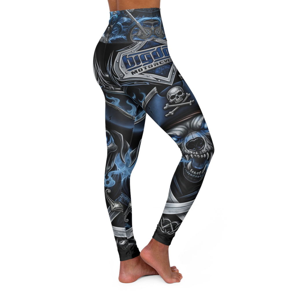 Skull Moto High-Waist Yoga Leggings — Dark Blue Biker Skull Print