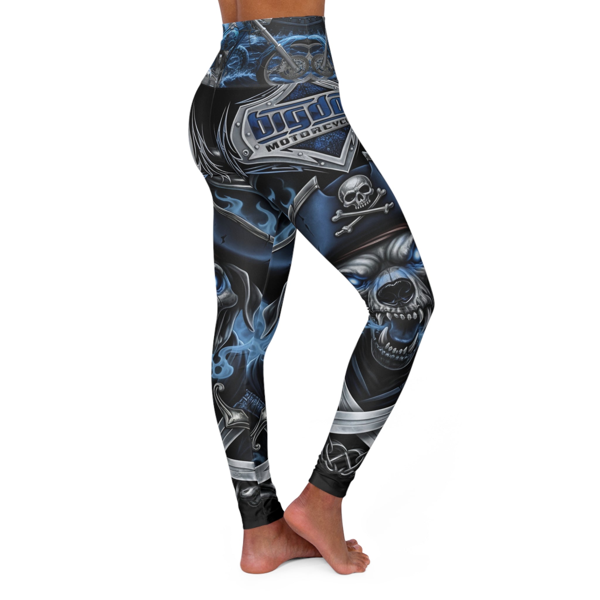 Skull Moto High-Waist Yoga Leggings — Dark Blue Biker Skull Print