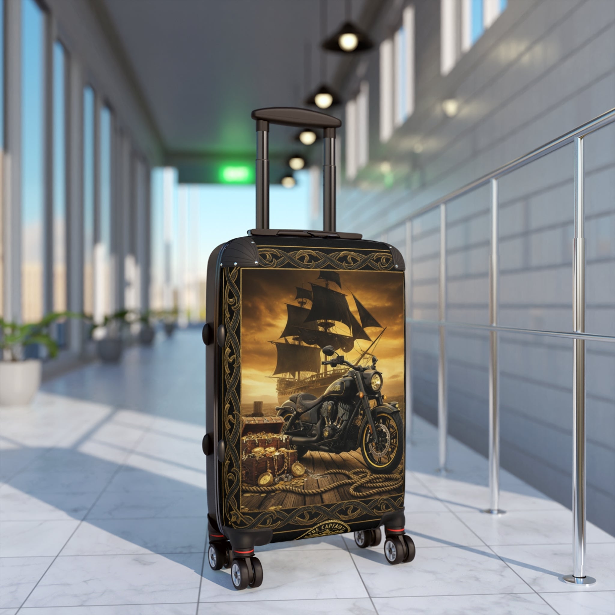 Vintage Pirate Ship & Motorcycle Suitcase – Travel Carry-On with Nautical Adventure Design