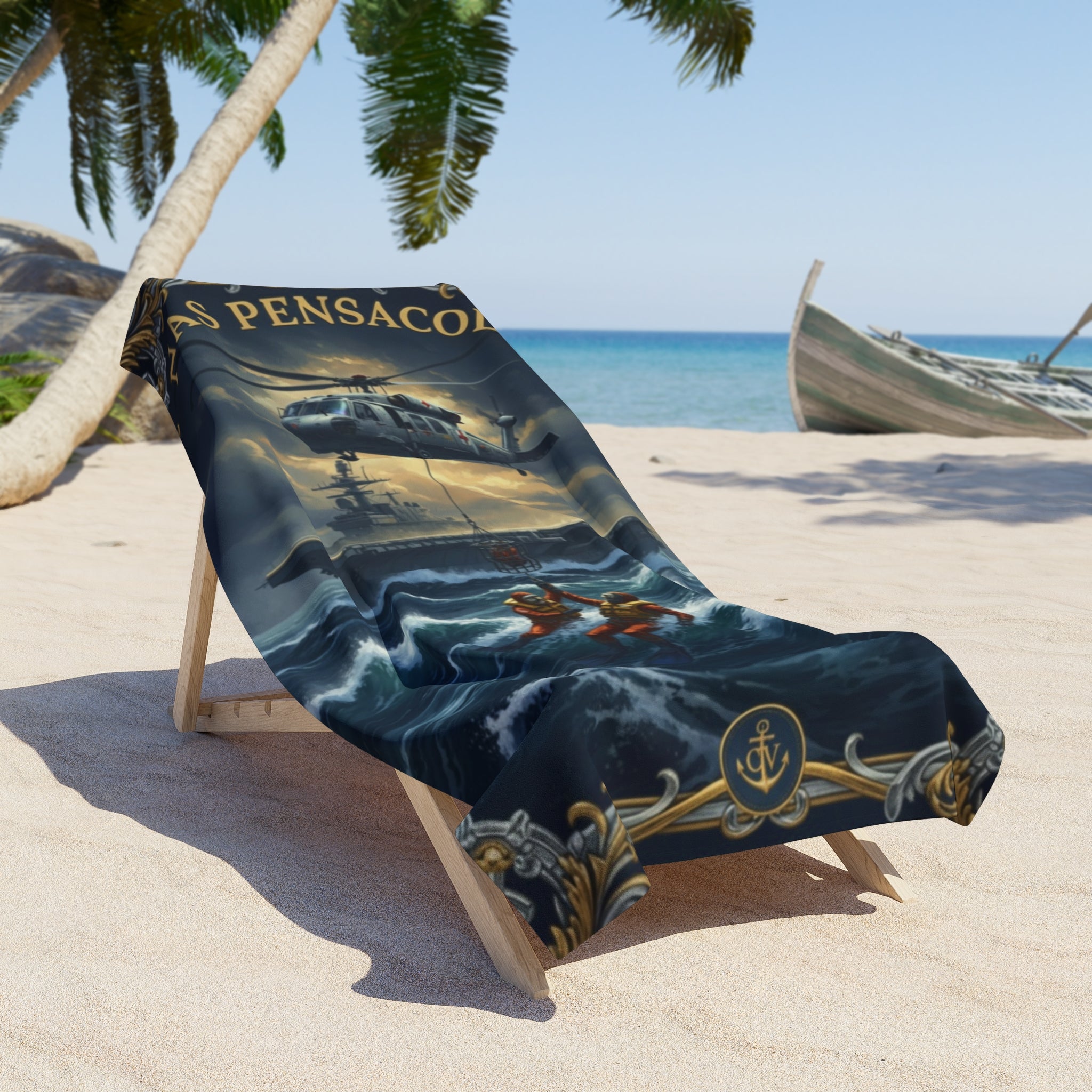 NAS Pensacola Military Beach Towel – Vintage Navy Rescue Ship Design
