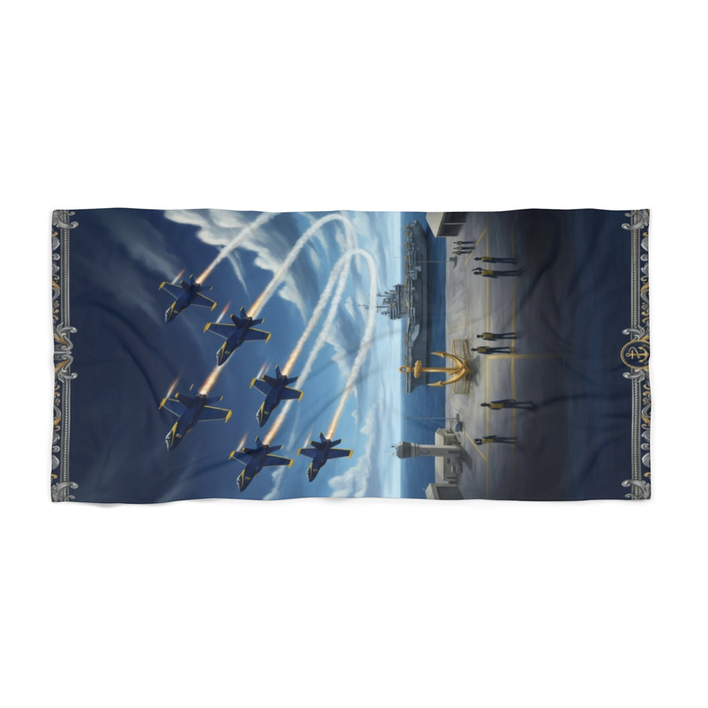 Navy Blue Angels Beach Towel — Vintage Airshow Scene with Fleet Jet Formation