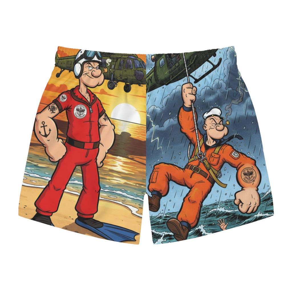 Popeye Rescue Crew Swim Trunks — All-Over-Print Nautical Cartoon Beach Shorts