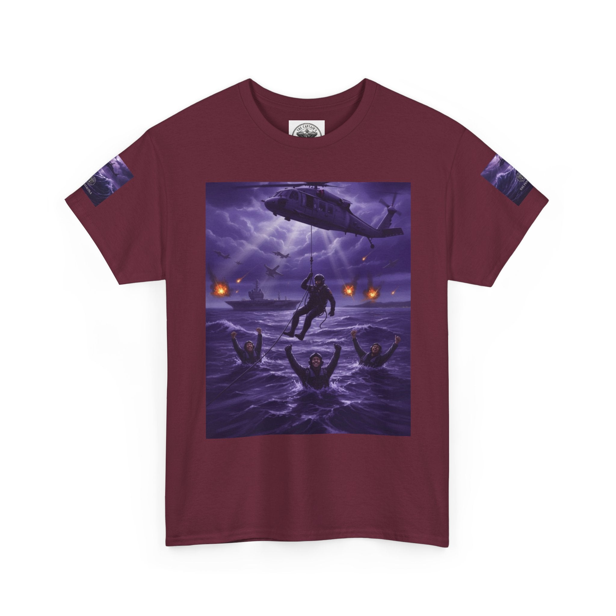 Rescue Night Tee — Purple Helicopter Sea Rescue Graphic T-Shirt