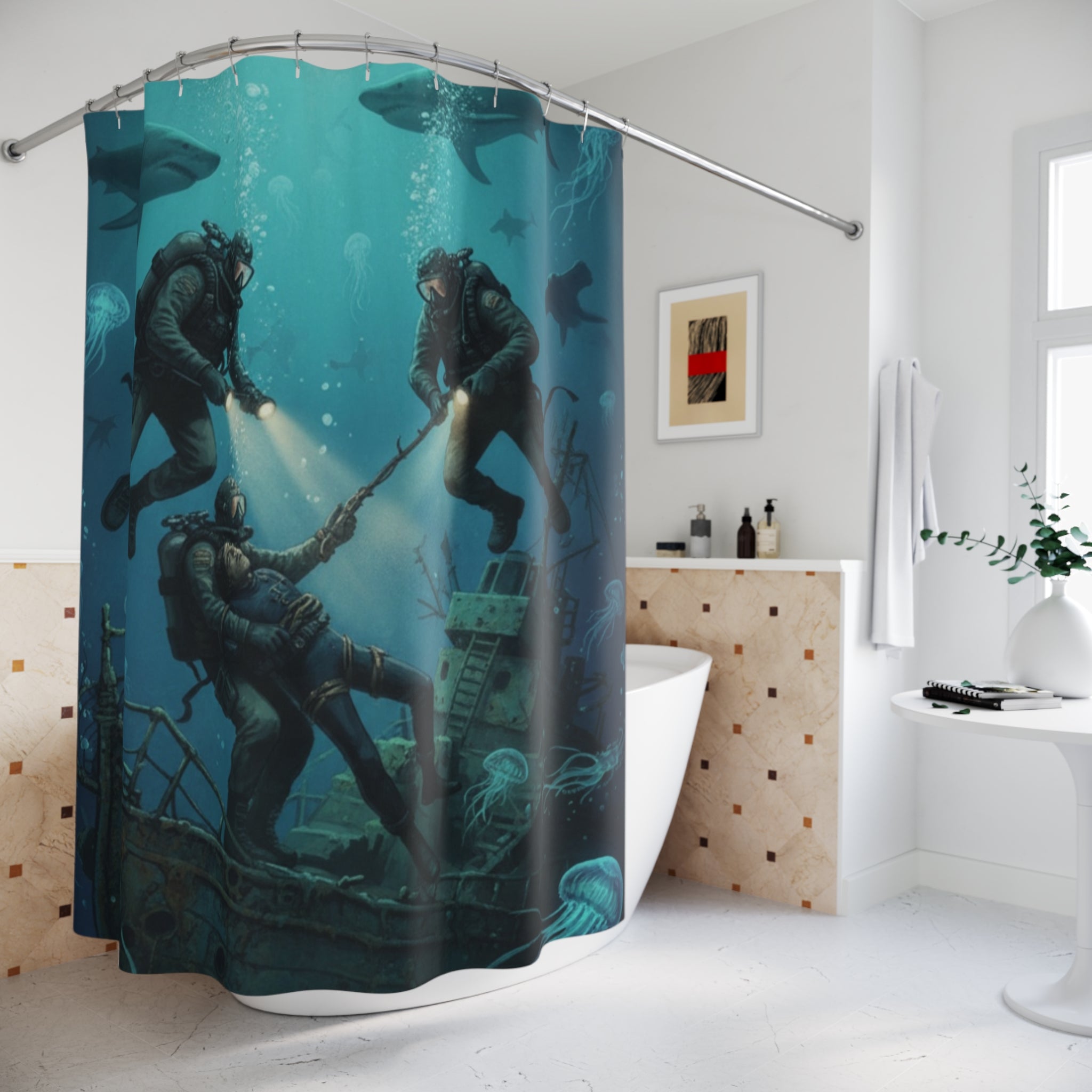 Underwater Divers Shower Curtain — Vintage Deep Sea Salvage Scene